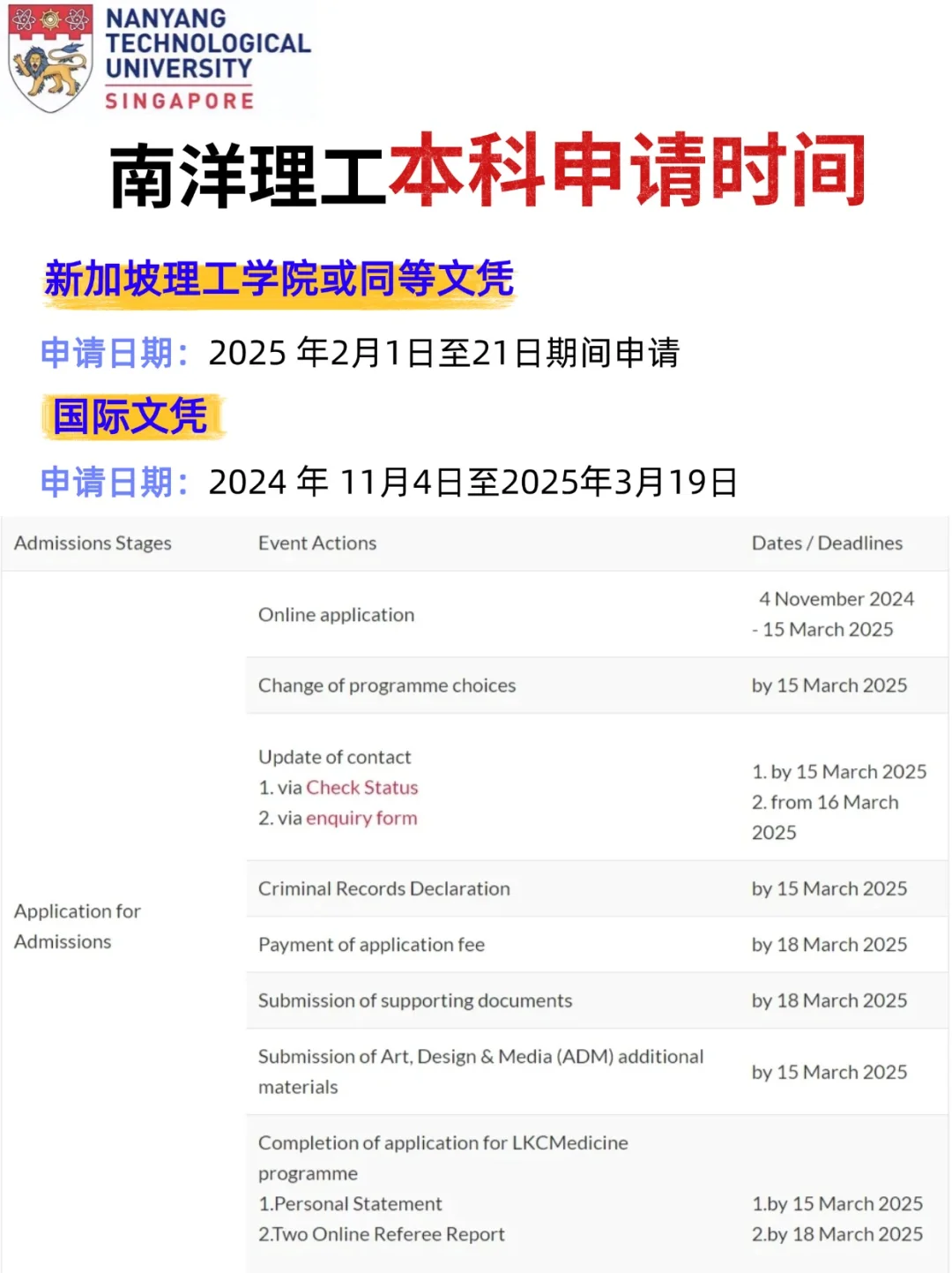 25fall开放！南洋理工大学本科申请时间！