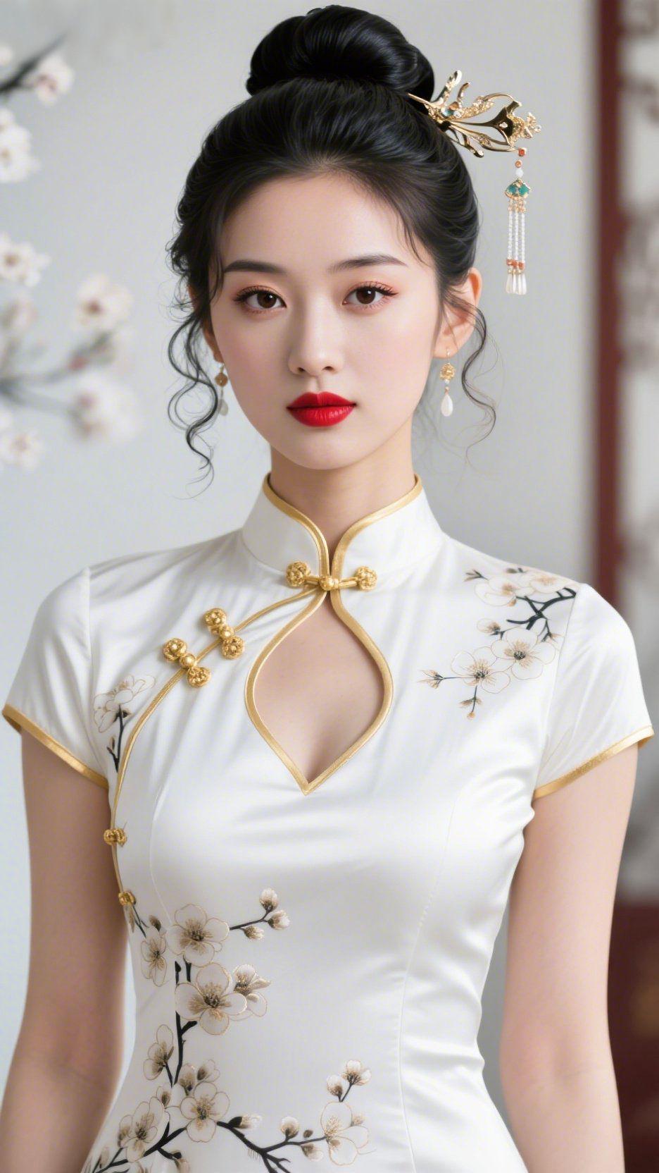 《素袍梅韵衬春妆》
 
浅室中梅枝轻斜，她着一身素绫旗袍立着，衣上绣梅似是刚从枝