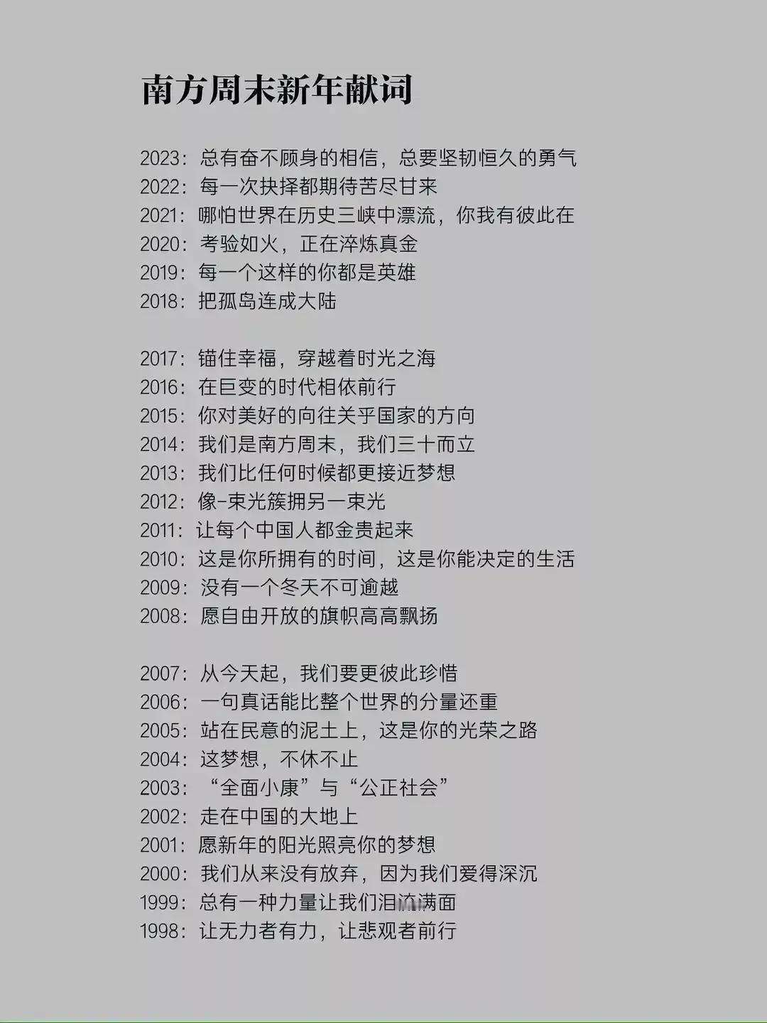 从南方周末历年的新年致辞，你看到了什么？又想到了什么？