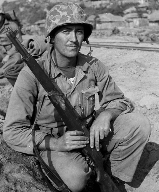 图为手持m1加兰德步枪的美军陆战一师士兵，陆战一师和国民党74师同样是2万多人，