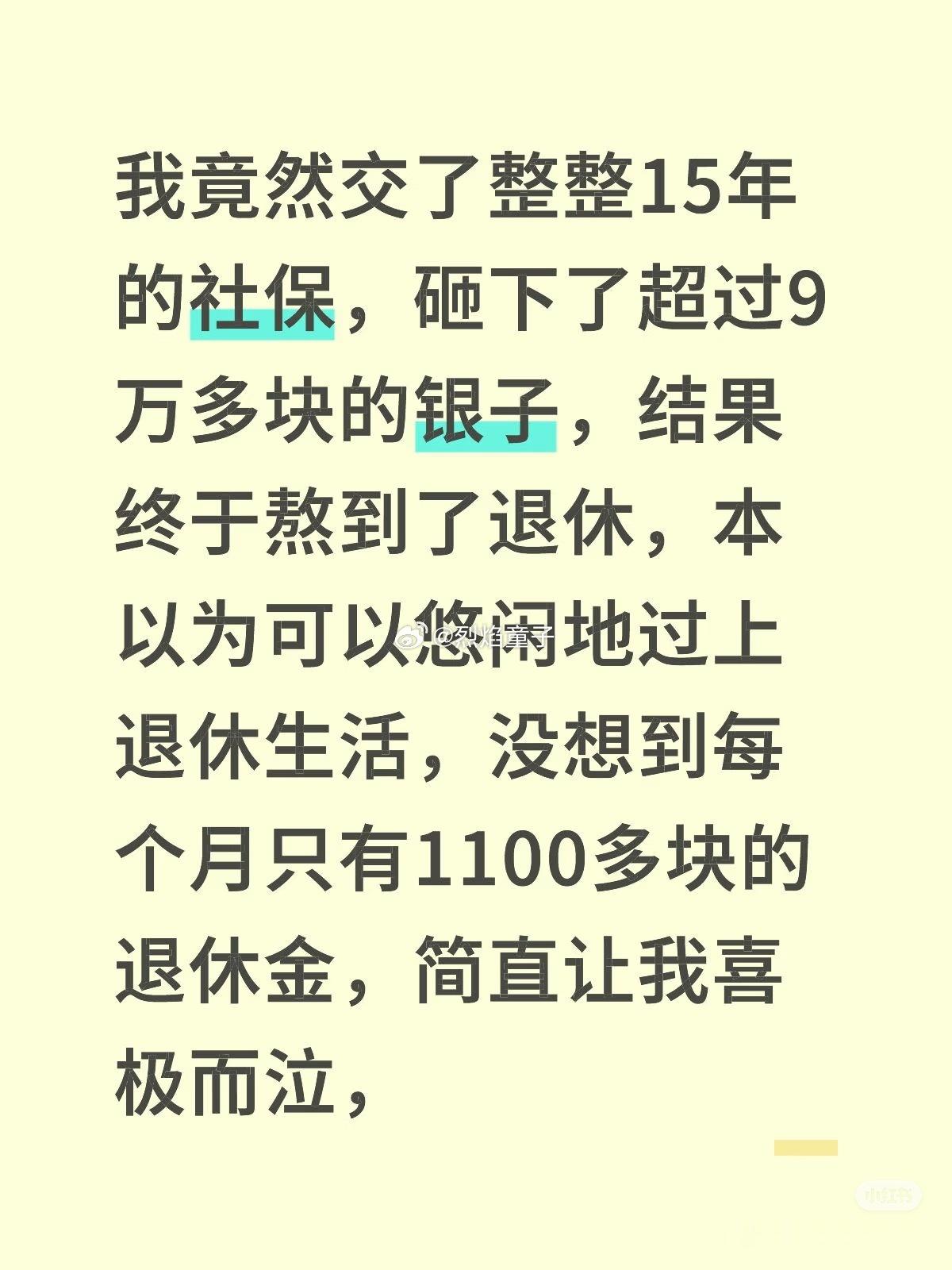 交了15年社保，累计缴纳9万多，退休金月领1100多，Po主很难受，本以为自己退