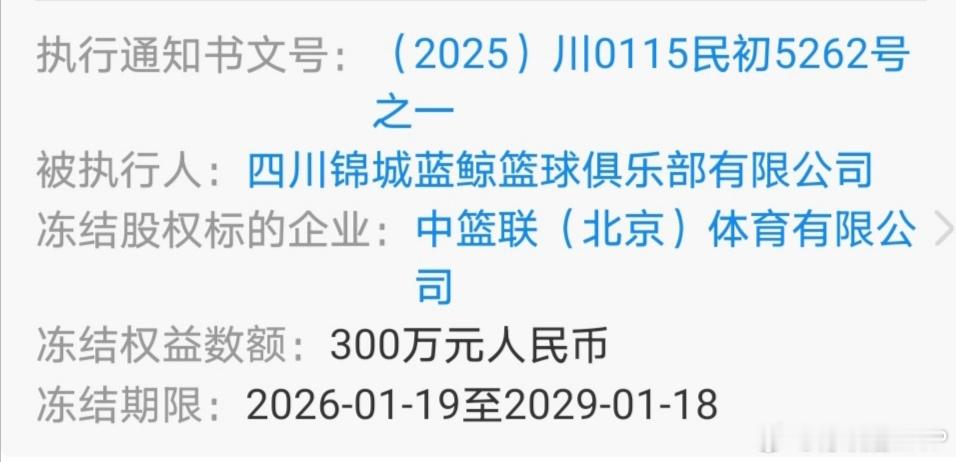 四川男篮持有的CBA公司5%股权被法院冻结，冻结期限为三年。 