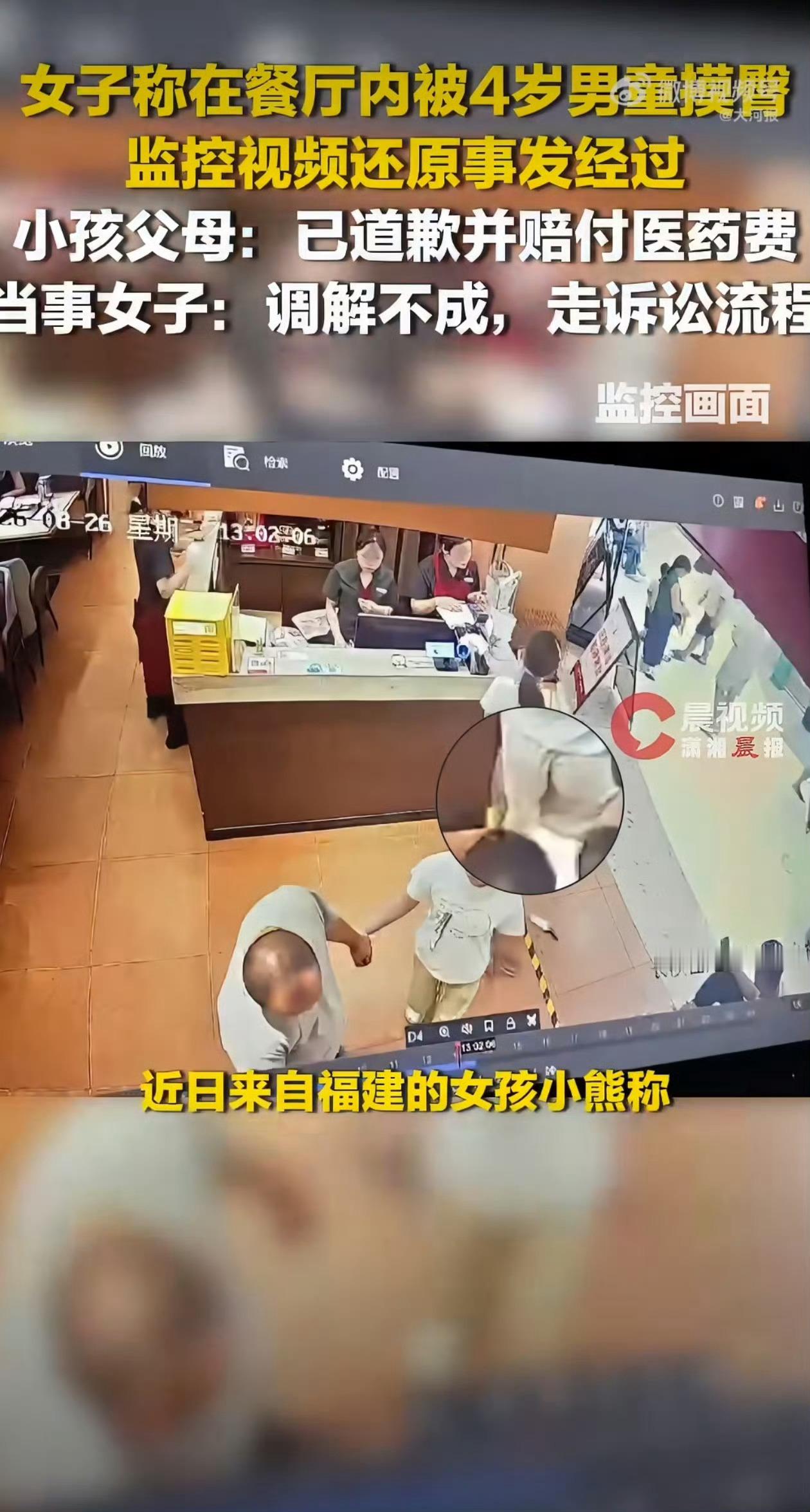 女子称在餐厅被4岁男童摸臀监控曝光他才四岁啊！而且只是不小心碰到了而已，孩子能有