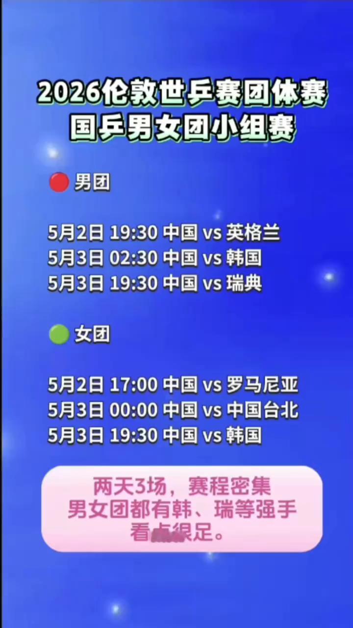 2026伦敦世乒赛团体赛国乒男女团小组赛。
·男团：5月2日19：30中国vs英