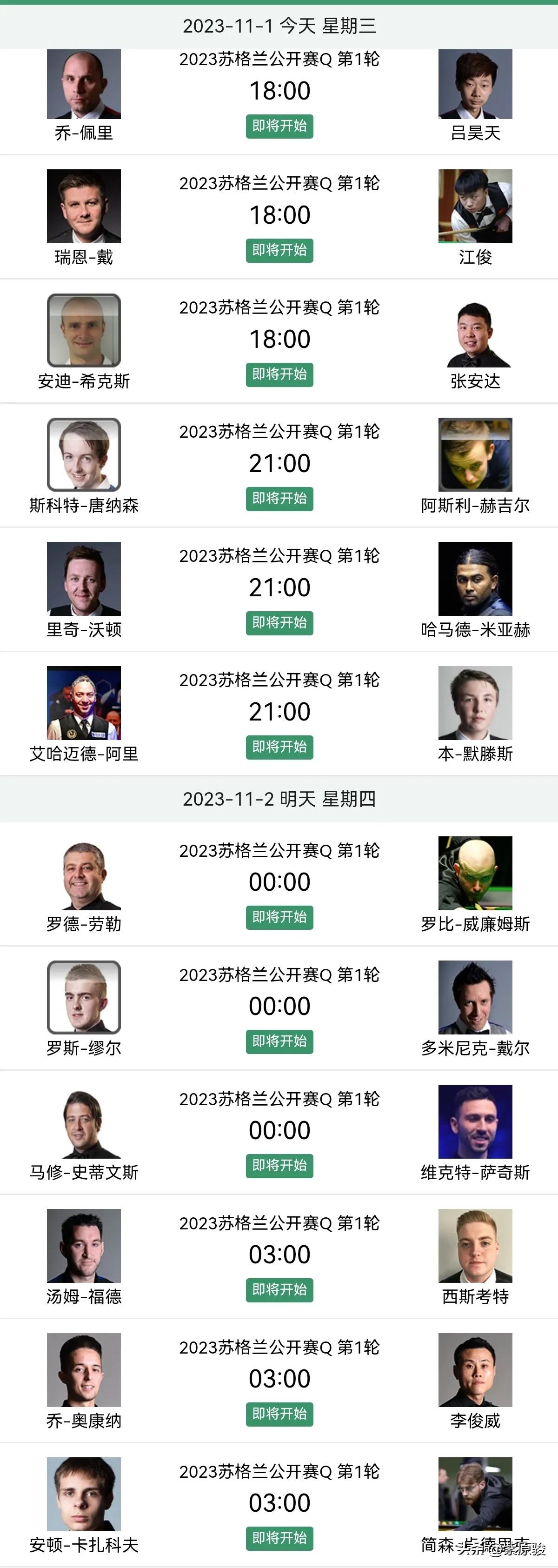 斯诺克苏格兰公开赛资格赛第三日赛程，中国军团4人出战，晋级形势：坐一望二。

从