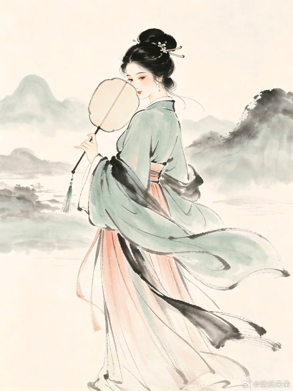 浅冷色系水墨古风插画唯美背景图 