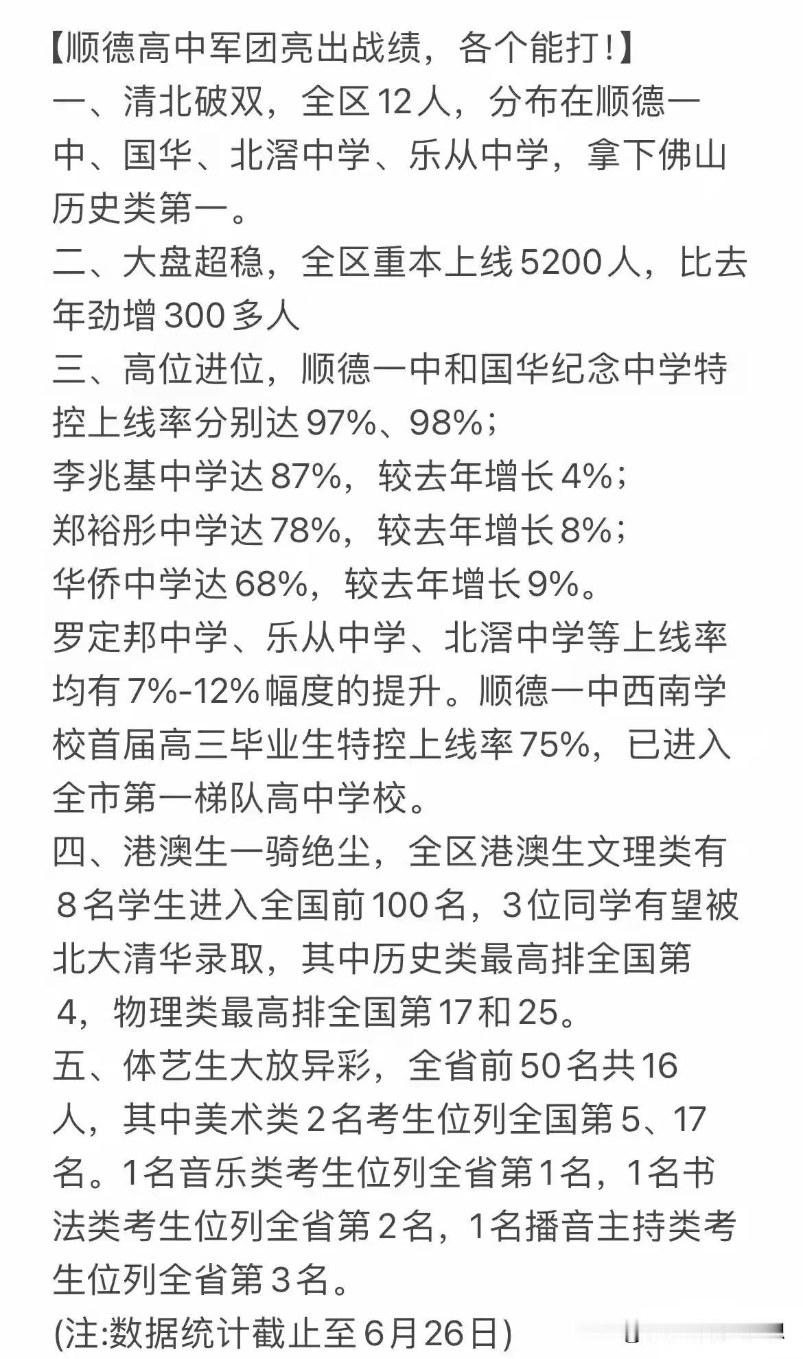 2024高考，顺德区清北的有12人，南海区清北15人，顺德一中和国华中学是我预料