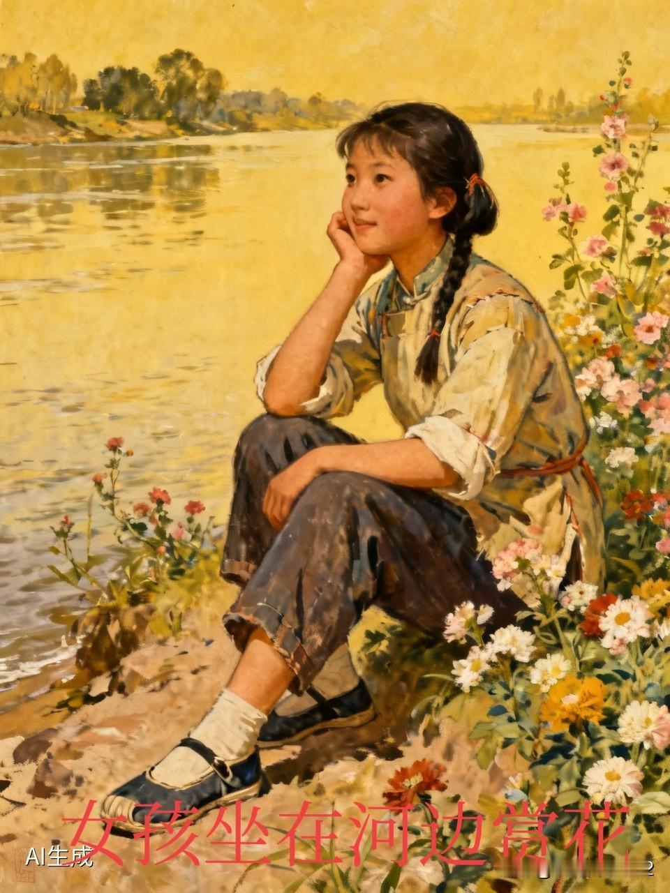 想象50 - 80年代，有位女孩身着自制衣服，脚蹬布鞋，手托着腮帮静静地坐在河边