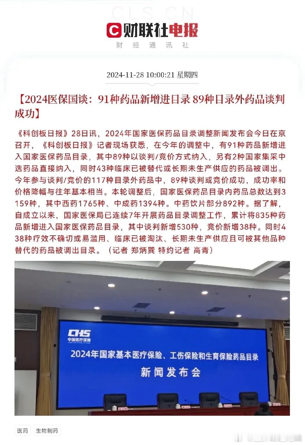 股民们这是重大利好，重大利好医药板块稳了，医药板块有希望了刚刚2024年医保国谈