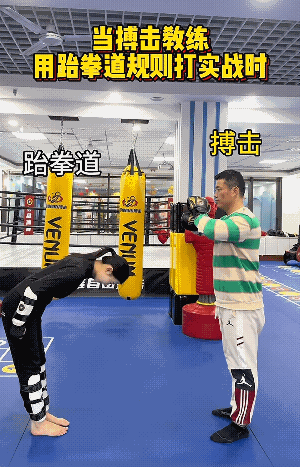 跆拳道对战自由搏击，笑料百出，
第一回合，双方礼貌完毕，拉开架势，自由搏击选手选