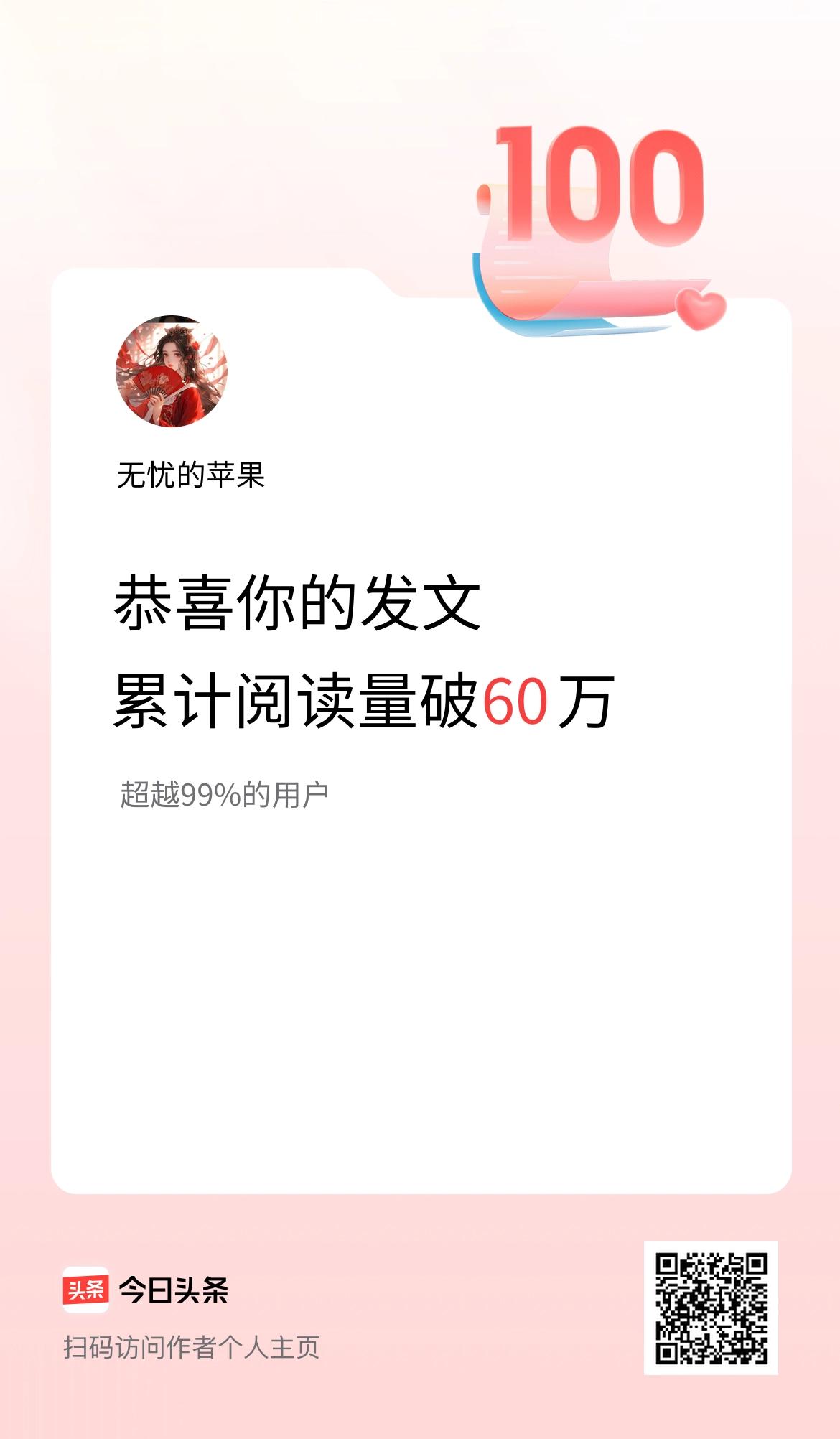 🤝我在头条累计获得阅读量破60万啦！