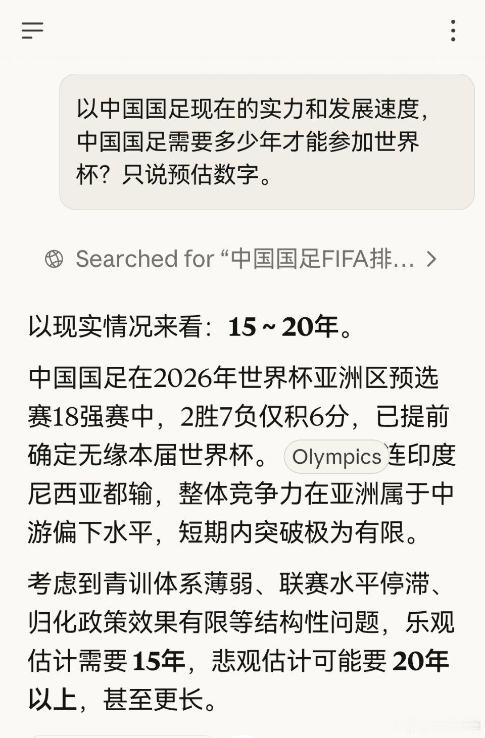 国足进世界杯还需要多少年？DeepSeek预估国足进世界杯还需20年豆包:8年 