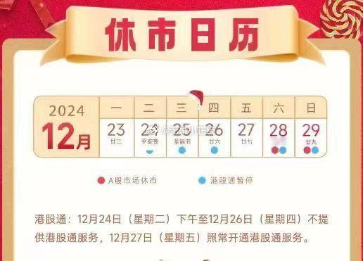 港股通在12月24日（明天）下午至12月26日（星期四）暂停交易，12月27日港