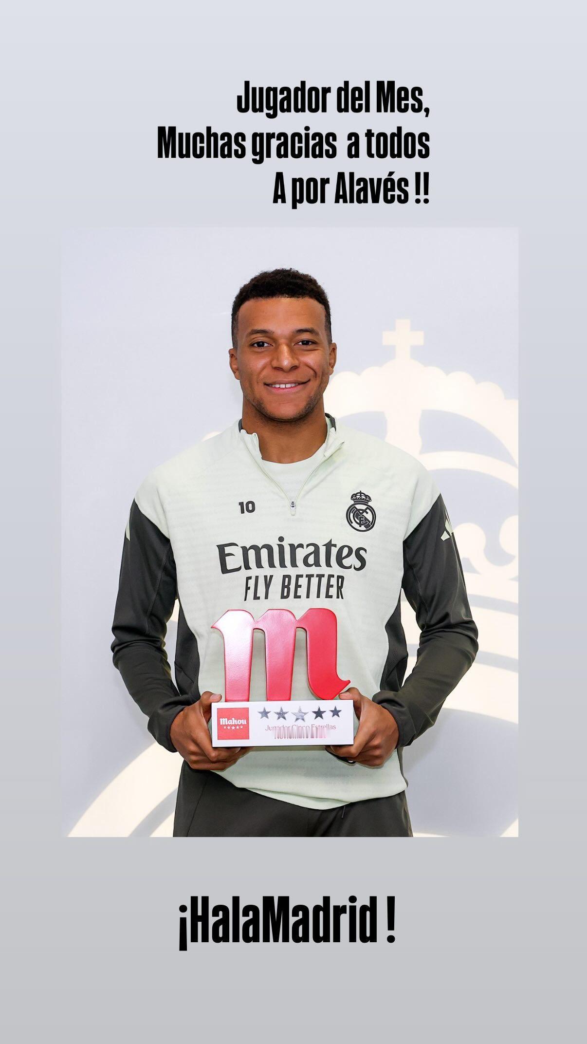 姆巴佩  IG STORY更新：当选本月最佳球员，非常感谢大家的支持！接下来全力