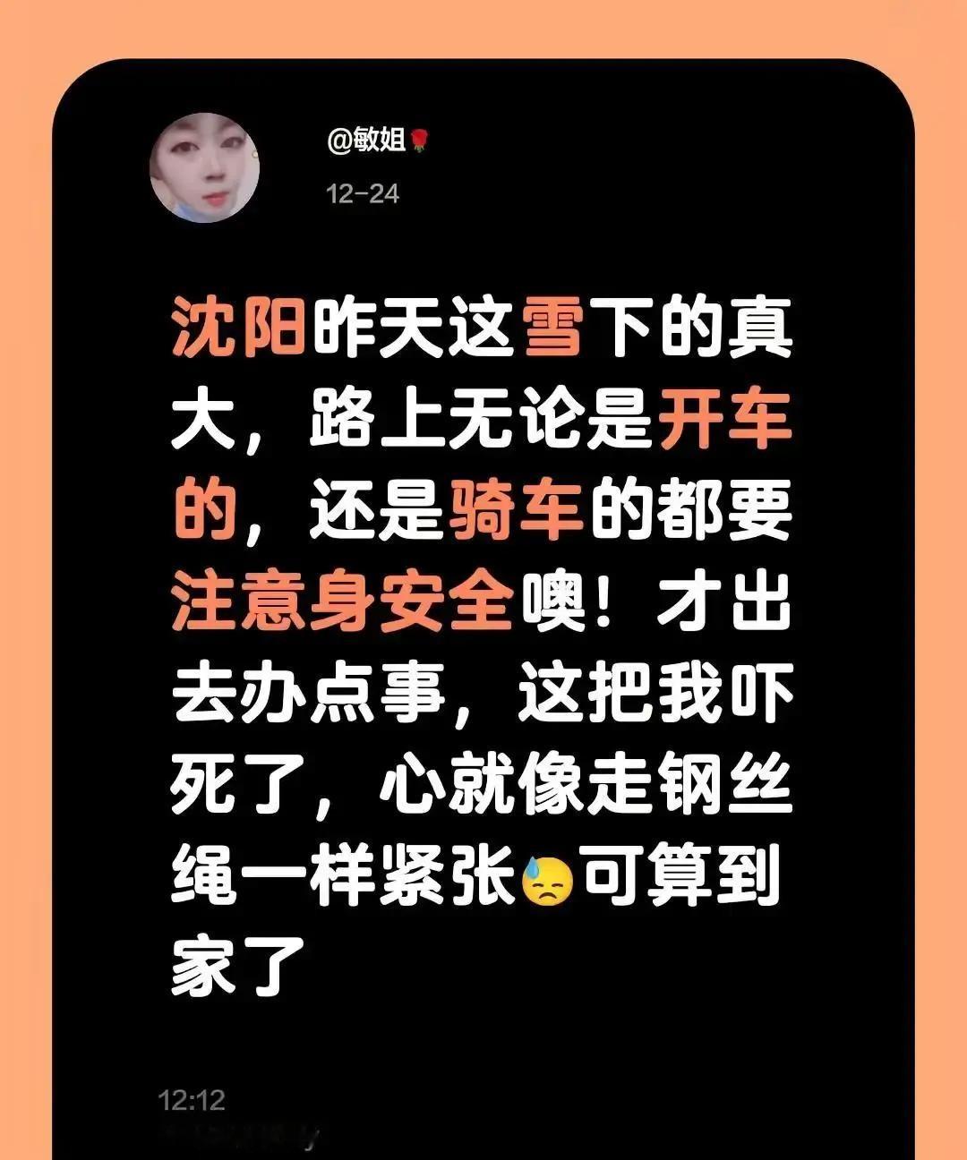 沈阳昨天那场雪下得跟倒米一样，早上七点出门，小区口已经白茫茫一片，车轮碾过去直接