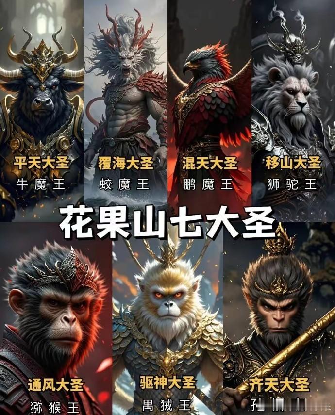 花果山七大圣：牛魔王、蛟魔王、鹏魔王、狮驼王、猕猴王、禺狨王、美猴王。 