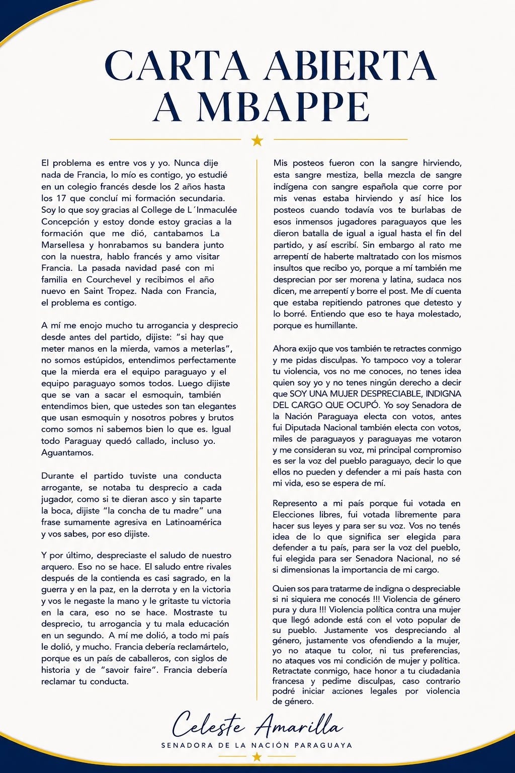 巴拉圭官员回信姆巴佩：你在场上轻蔑傲慢没教养！对我性别暴力！07月07日讯 在世