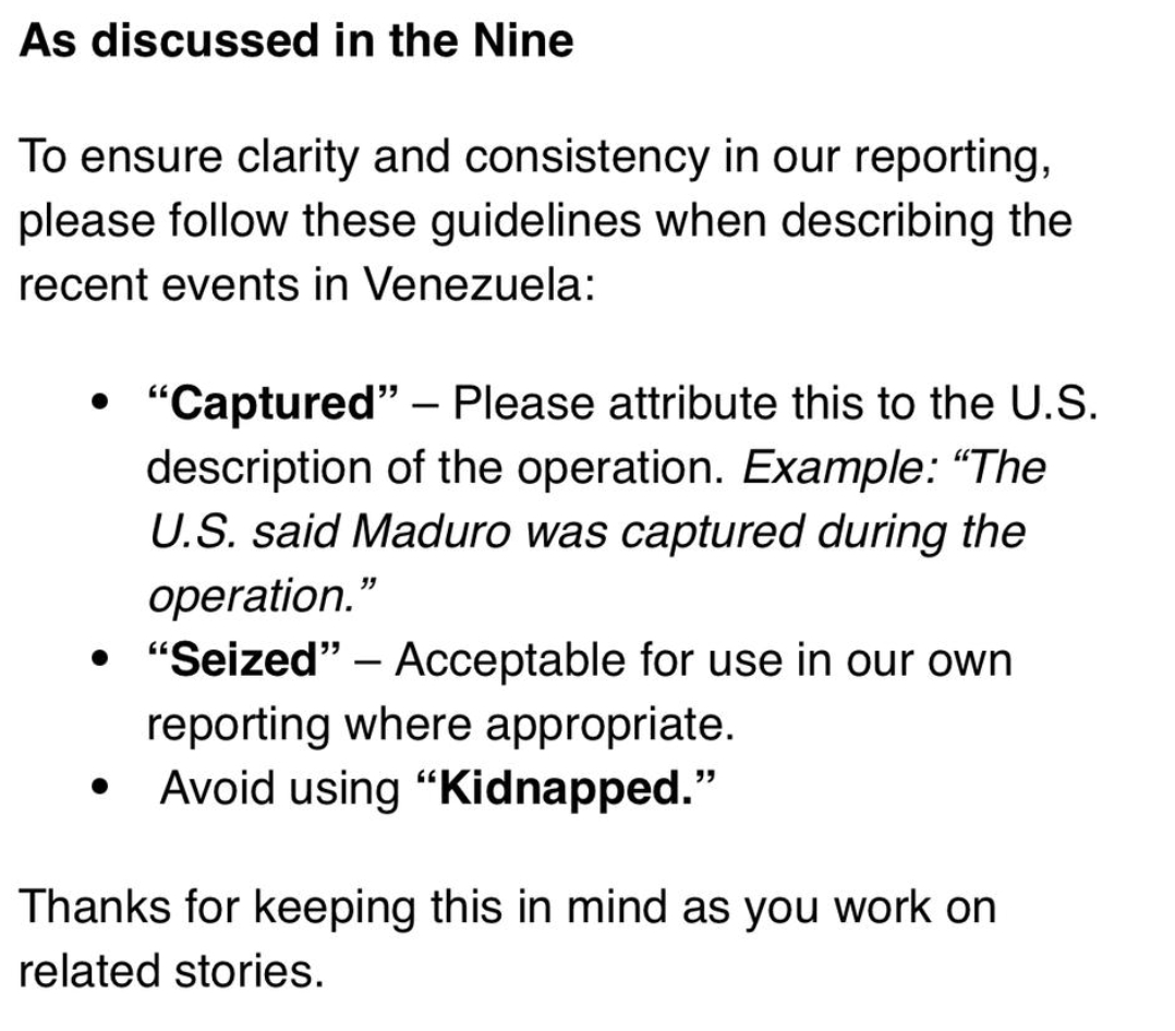 BBC发通知：禁止记者将美国对委内瑞拉领导人的行为描述为绑架。 