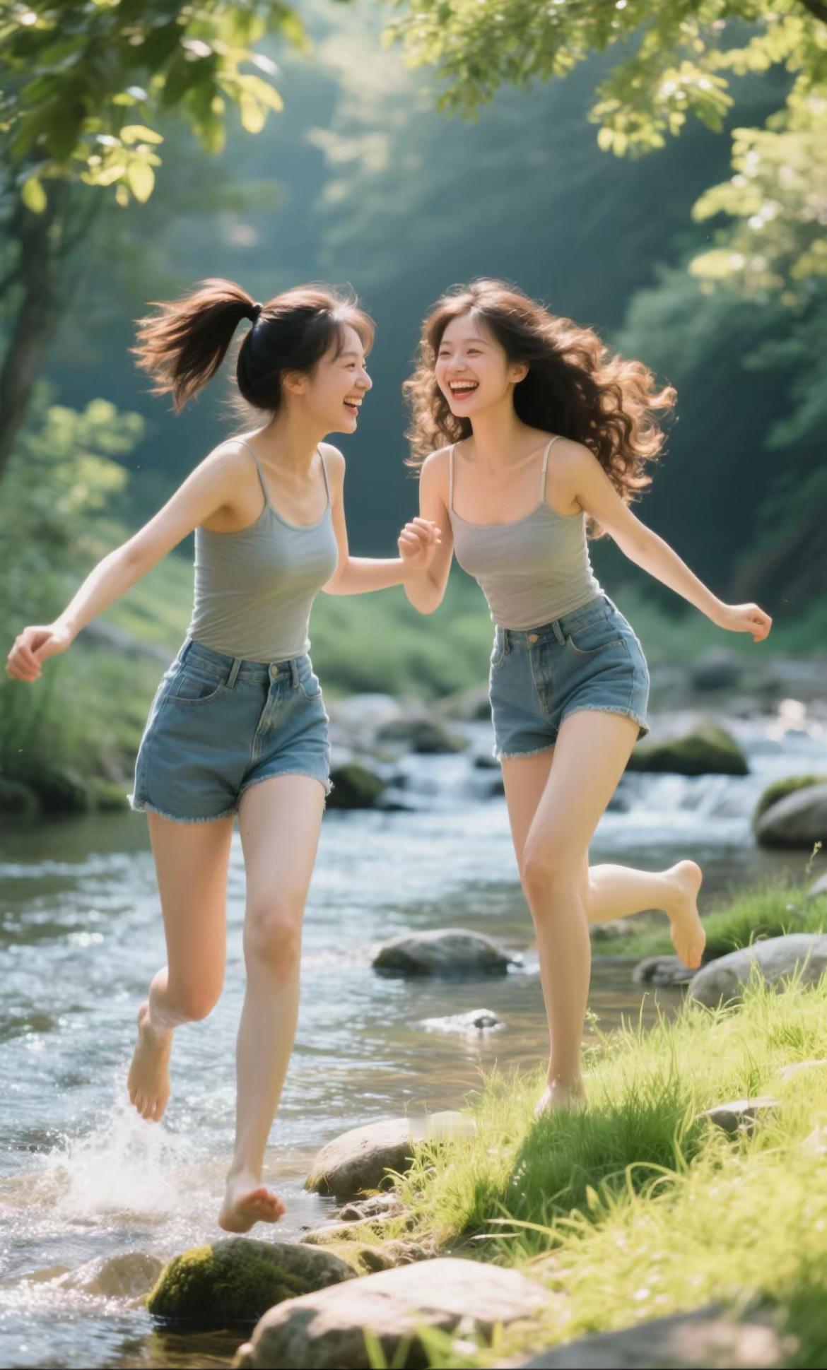 夏日清凉！姐妹俩在溪边嬉戏，笑声不断！🌿💦😄姐妹休闲小聚 姐妹出游拍照