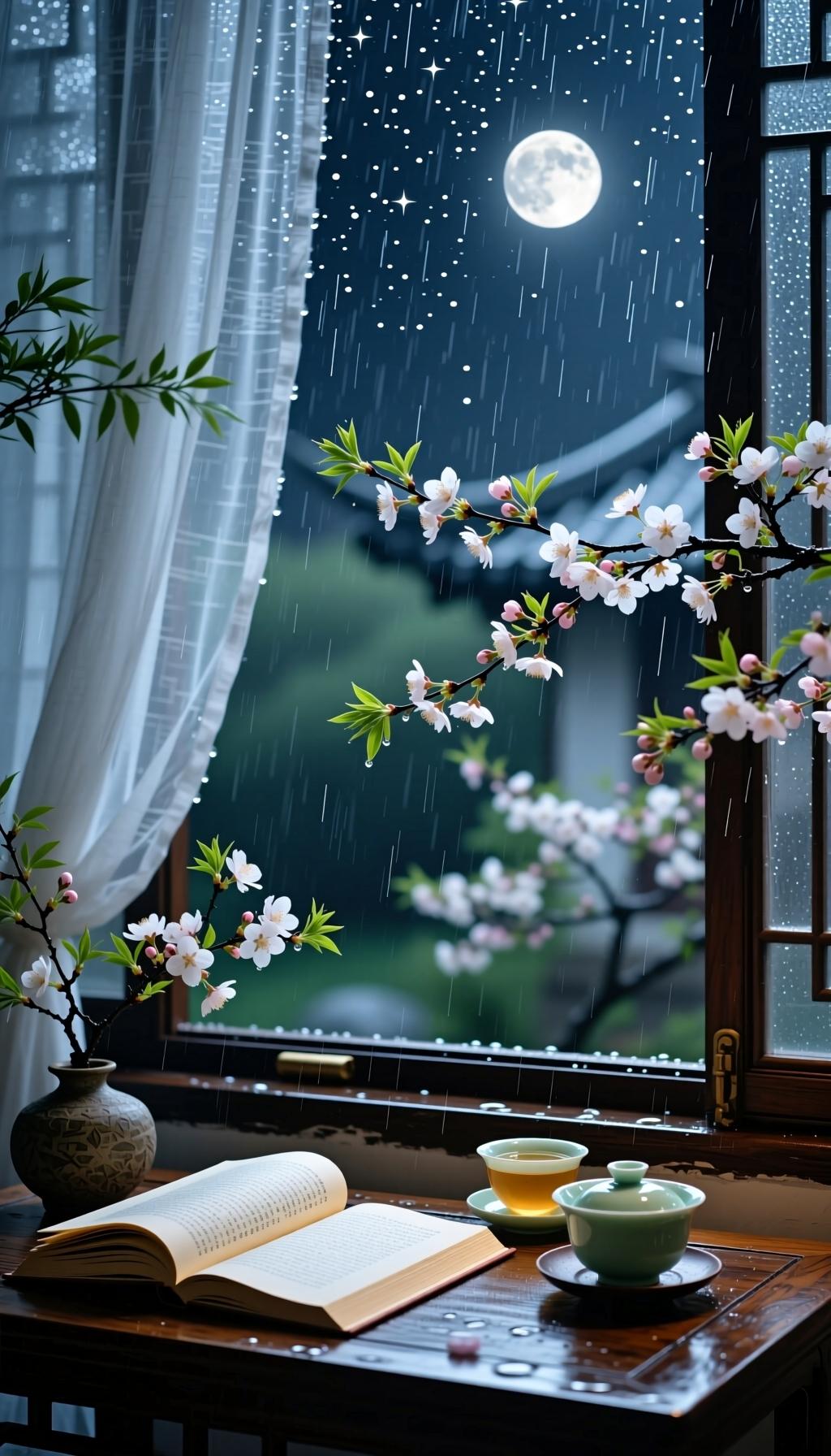 疏星淡月映窗纱，
风递幽香入浅家。
半卷闲书消永夜，
一瓯清茗试新茶。
流年漫与