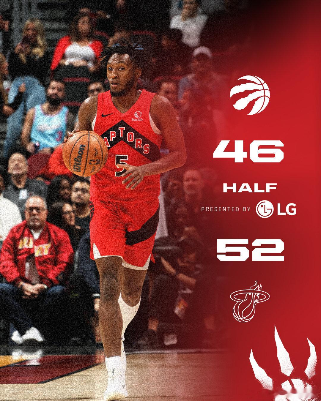 半场比赛结束，下半场继续努力💪！  cr：多伦多猛龙 