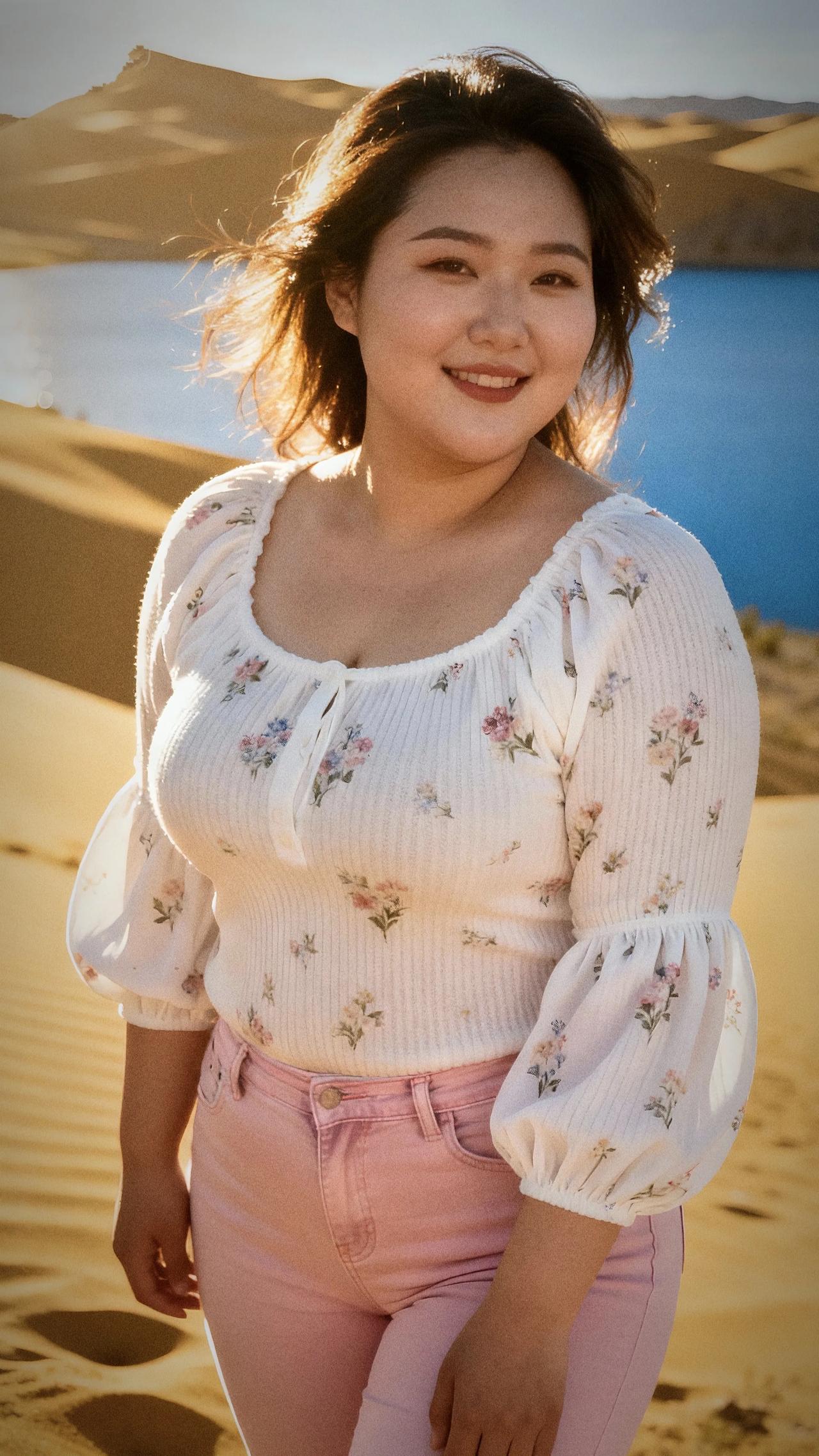 沙漠中的甜美笑容，花裙与沙丘的完美搭配沙漠拍照裙子 沙漠公主裙 微胖