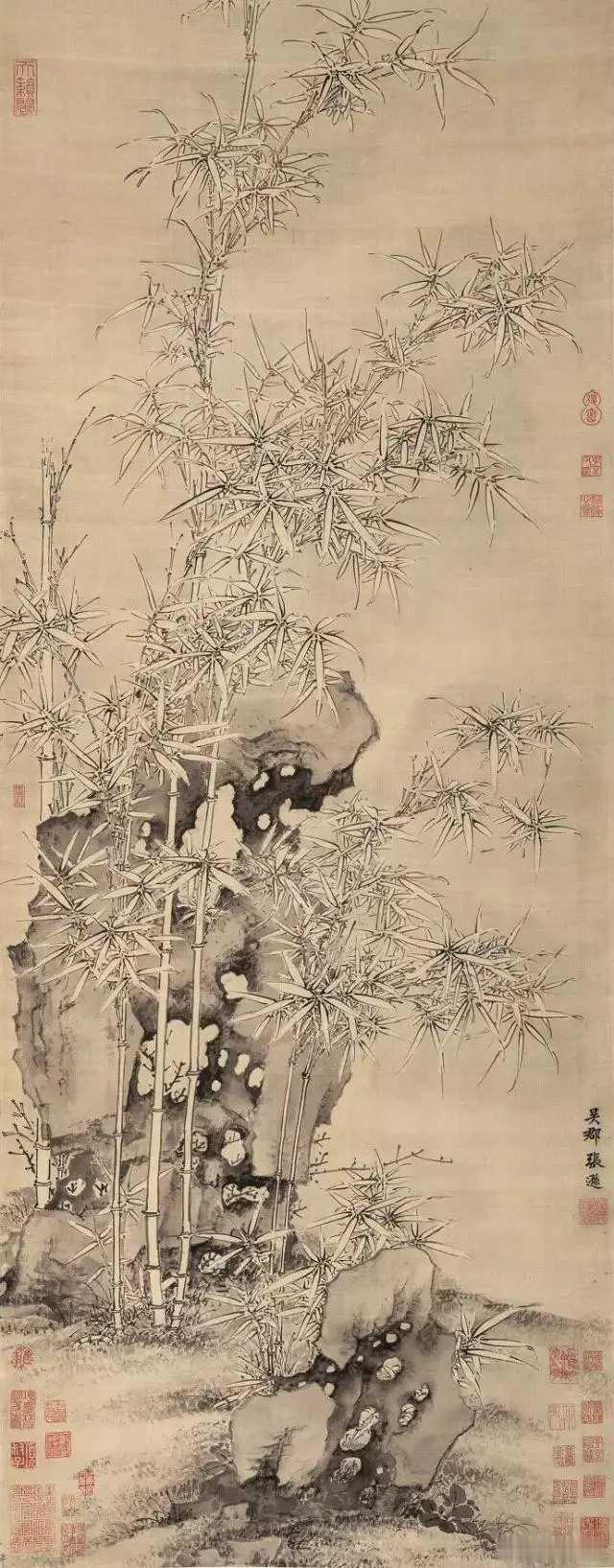 元 张逊 竹石图 绢本 132×52 cm。张逊，字仲敏，号溪云。吴郡人。生卒年