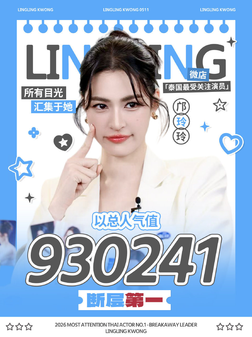 邝玲玲泰娱最受关注演员断层第一 在VD举办的「2026泰娱最受关注演员」评选中，