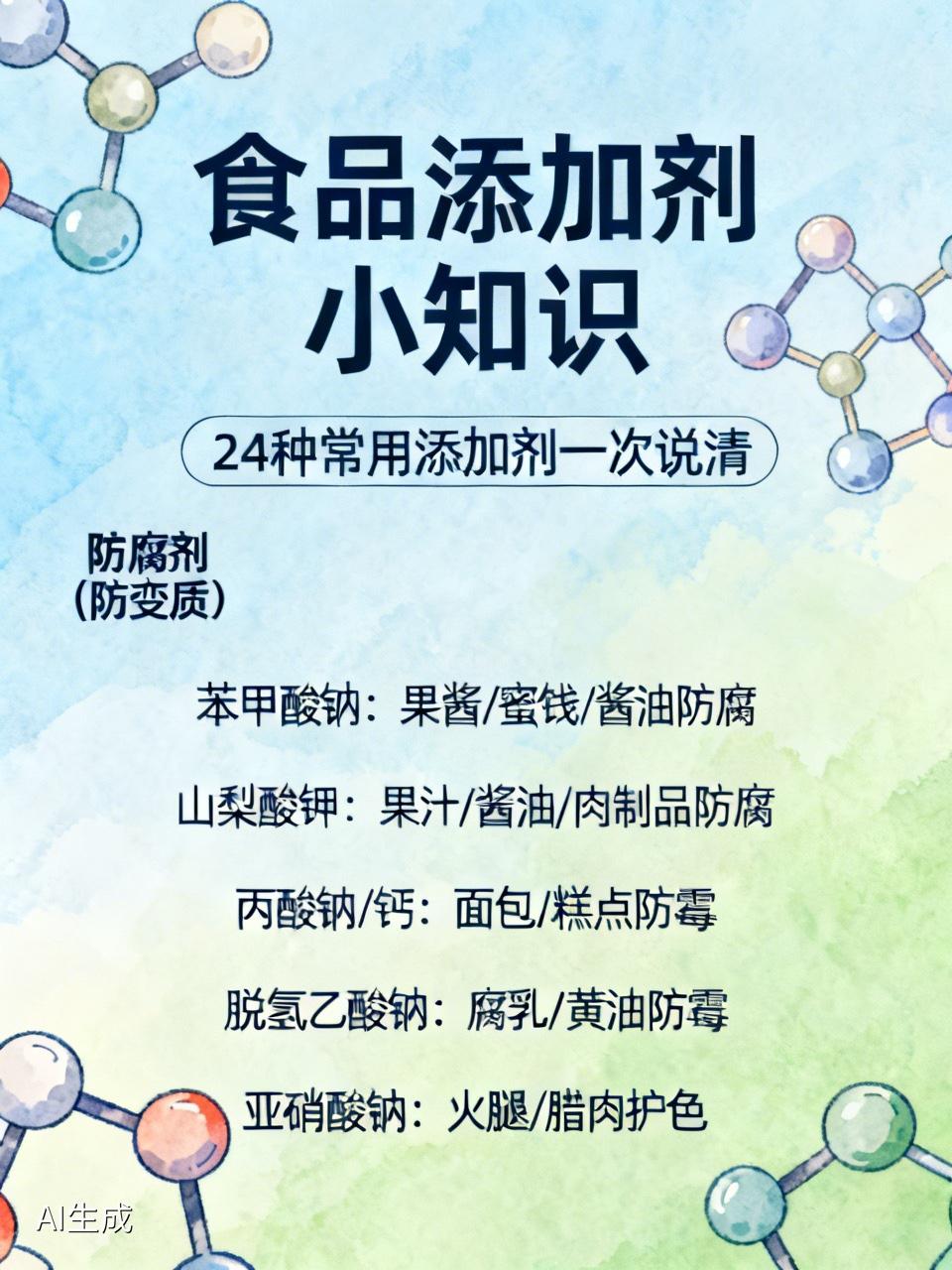 食品小知识：24种常用食品添加剂，一次说清：

🛡️ 防腐剂（防变质）

1.