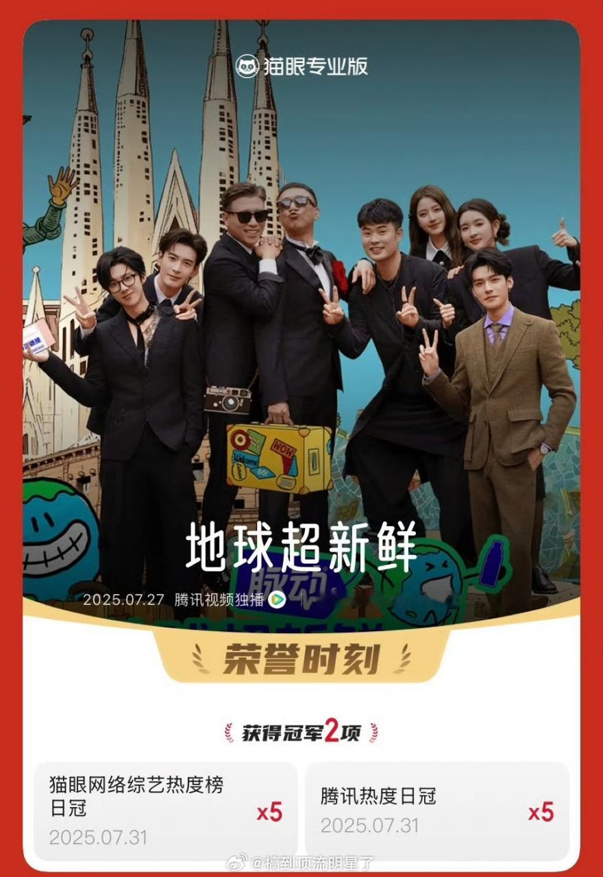 《地球超新鲜》上线5天连续5次登顶网络综艺热度榜！每天都是TOP1，龚俊超牛的，