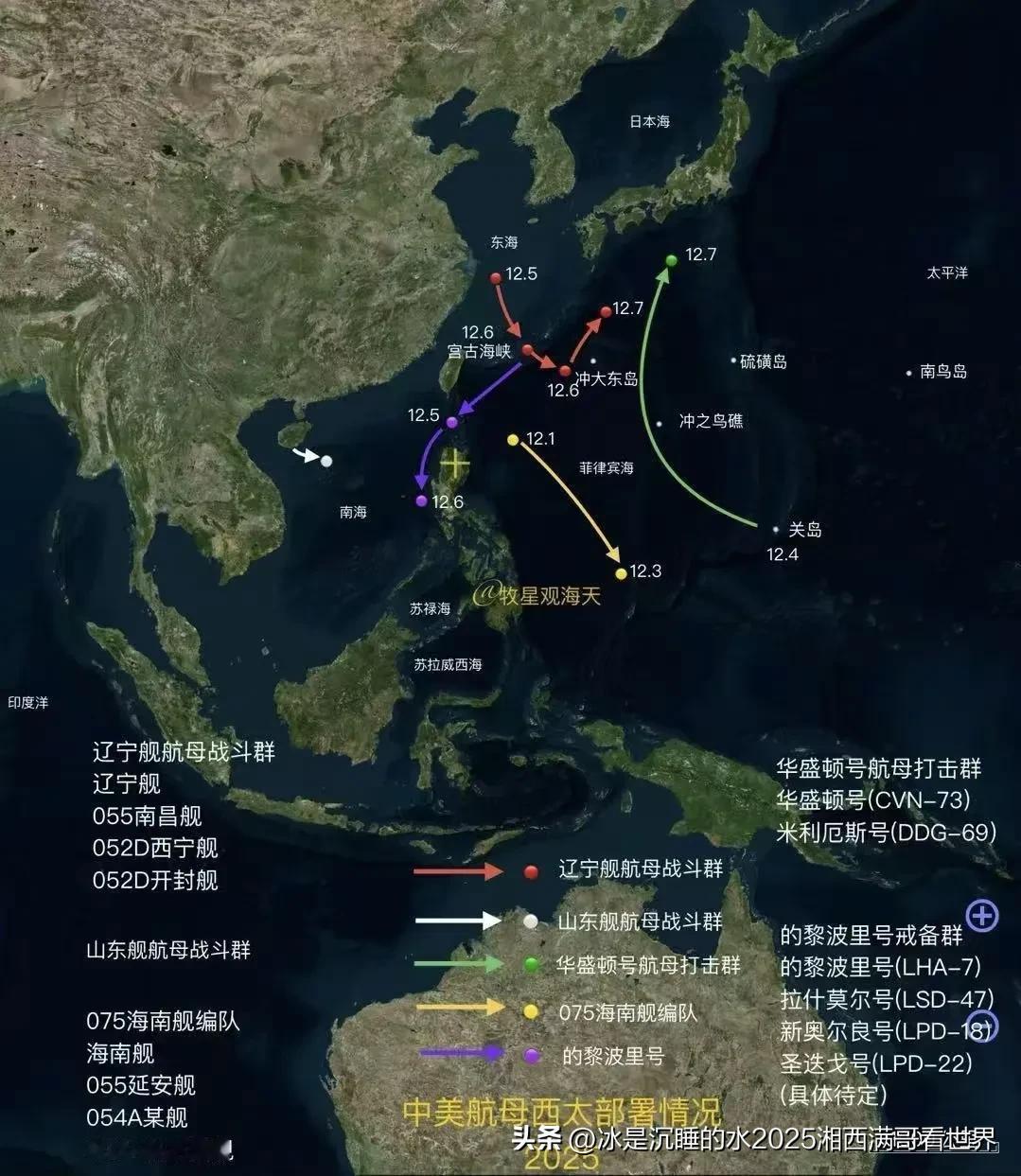转发分享一张西太平洋大国海军航母战斗群的最新动态。东大的“山东”号航母、“辽宁”