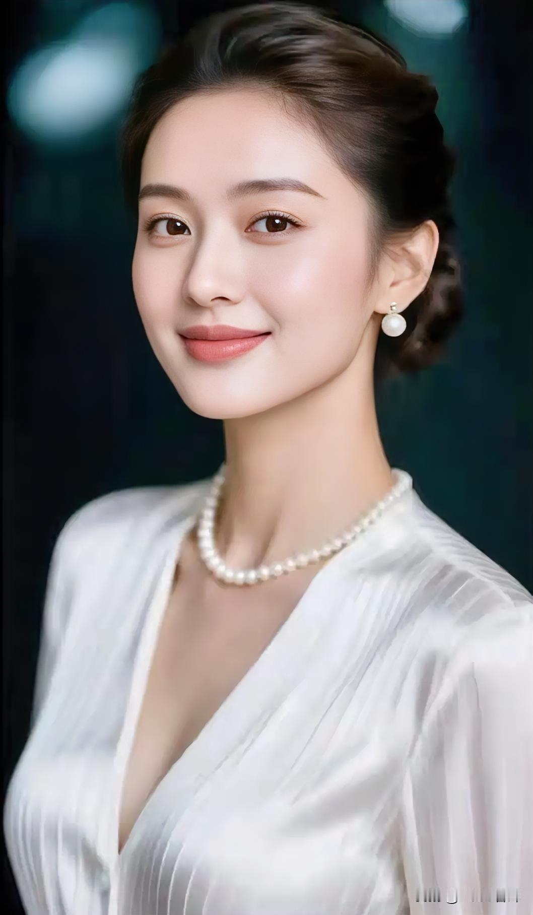 珍珠落颈间，白衫曳柔光。

发髻挽温婉，笑意漾清芳。

暗夜作底色，优雅自生香。