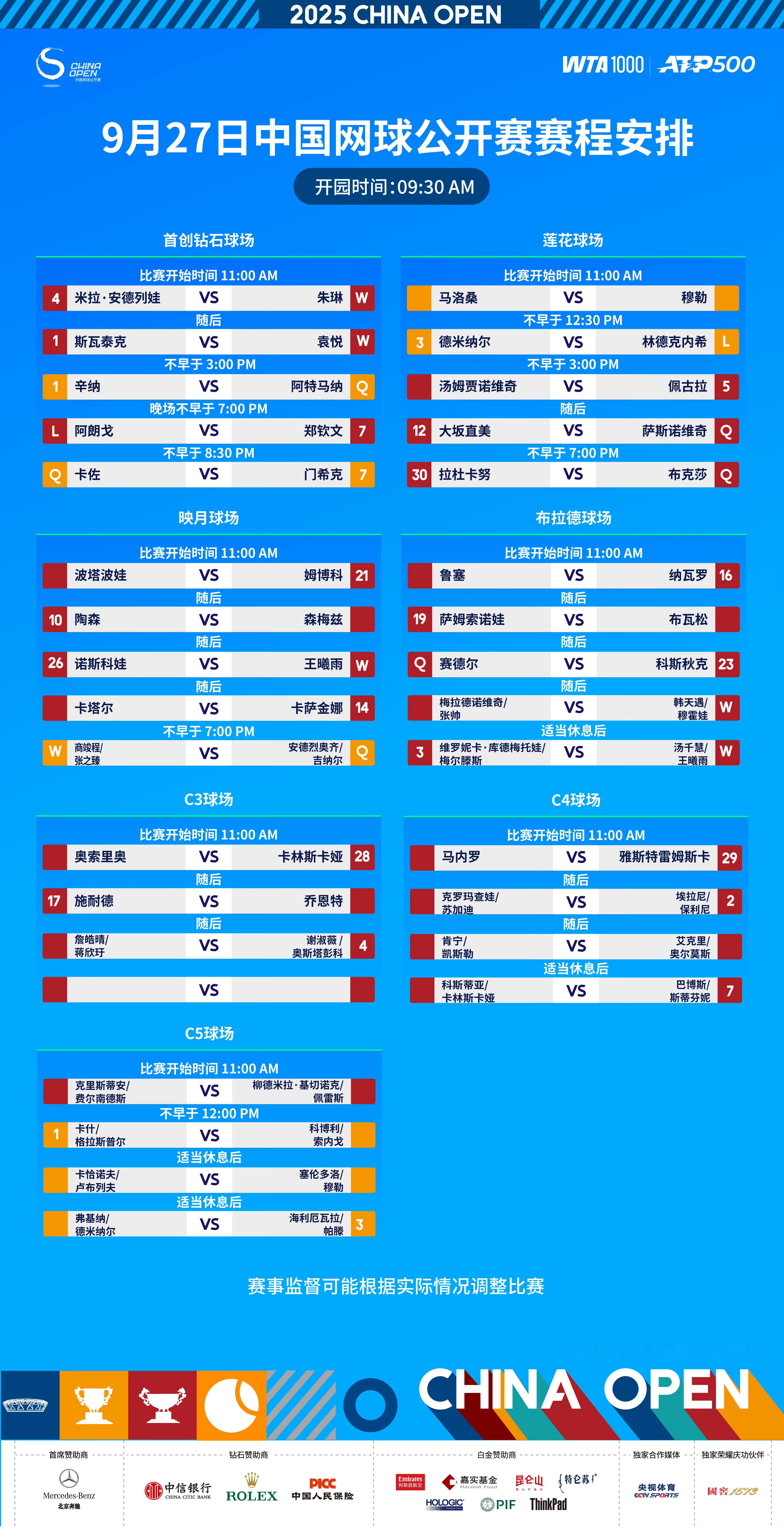 2025中网 9月27号赛程朱琳挑战米拉·安德烈娃袁悦挑战斯瓦泰克郑钦文复出首战