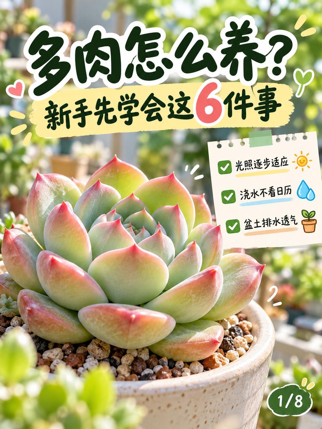 多肉怎么养？新手先学会这6件事正文：
第一次养多肉，不用先背一堆复杂口诀🌱
真