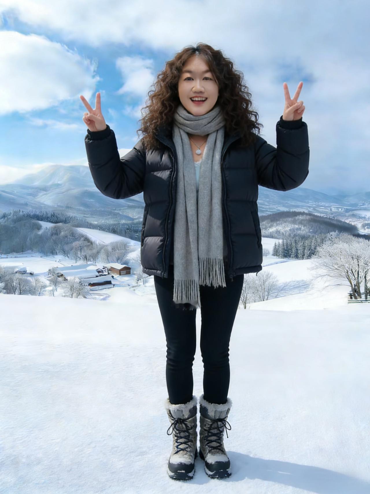 雪漫万重山，人立云天畔。羽衣轻裹玉精神，眉眼皆温婉。
不羡百花繁，自守冬风暖。静