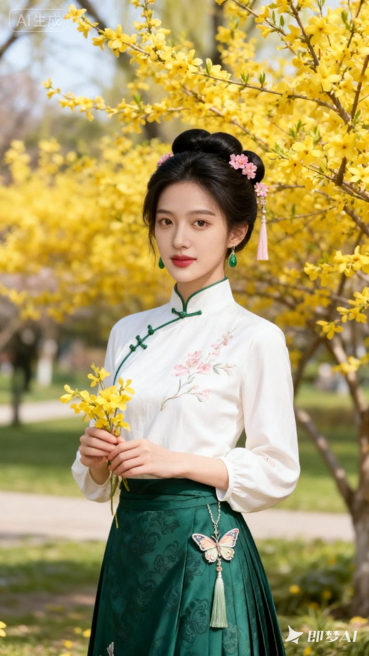 春日花海中的古典美人，手持黄花，优雅动人。