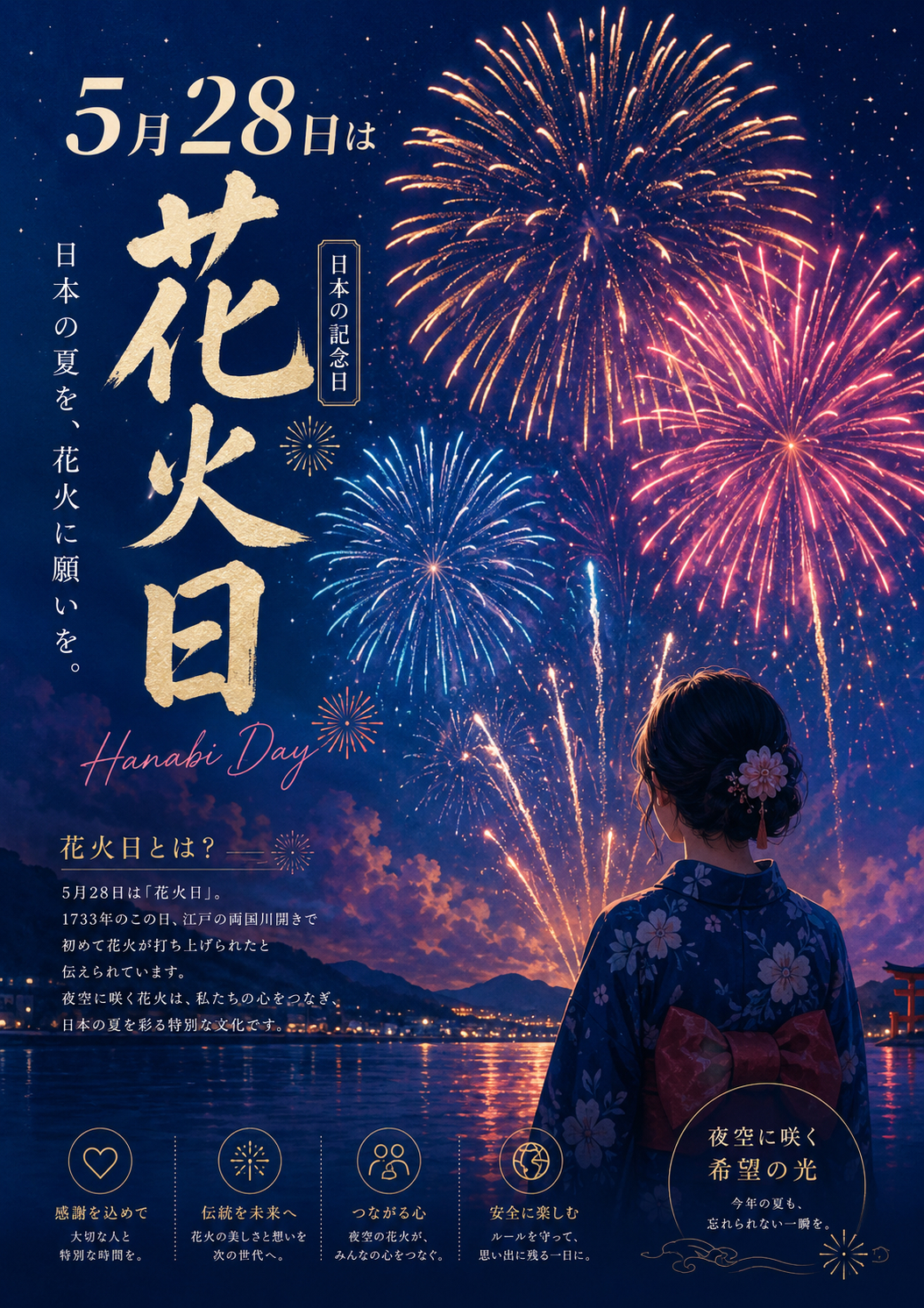 今天是日本的「花火日」。据说1733年的今天，江户为庆祝开通两国川举行了大型花火