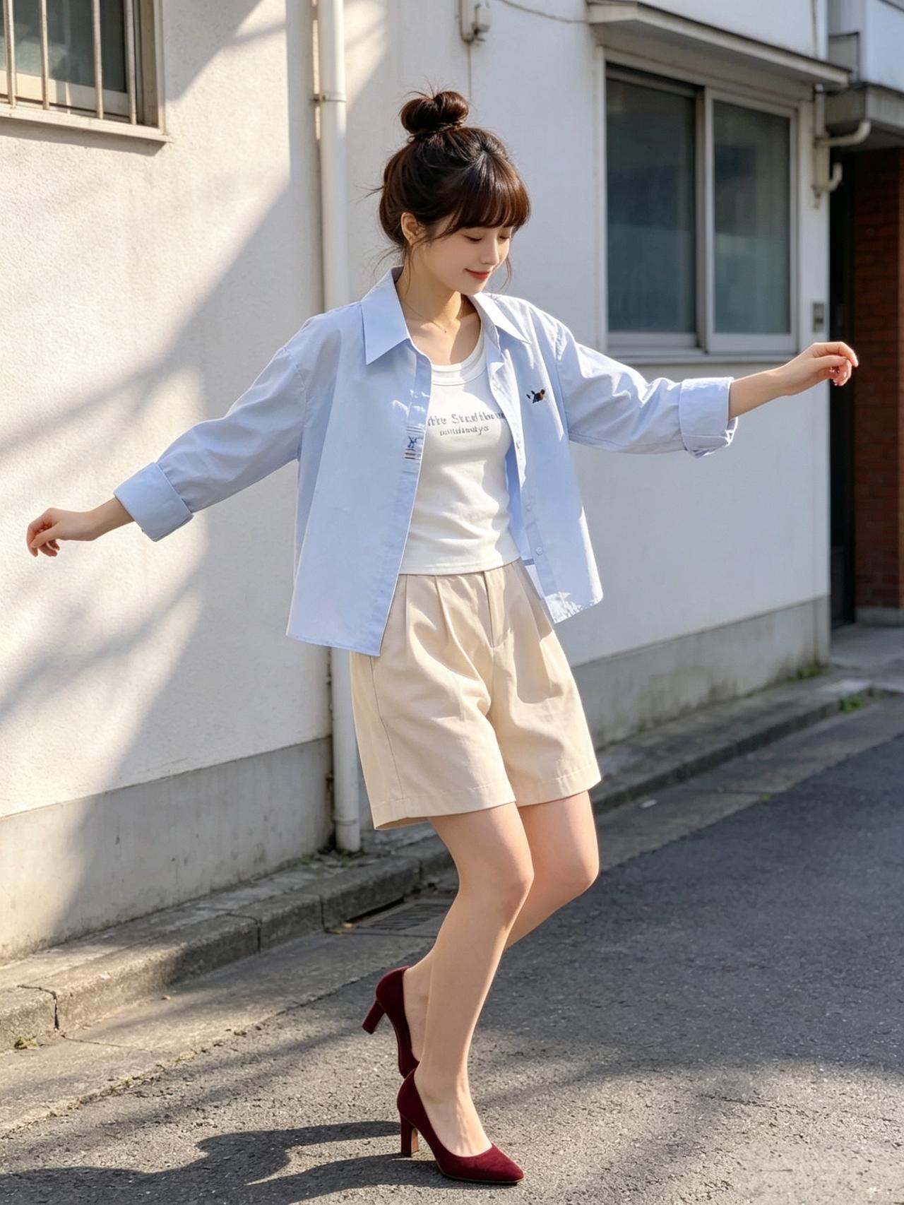 夏日穿搭指南：清爽蓝衬衫+米色短裤，优雅又舒适！🌞👗👠女人怎样穿搭，更显气