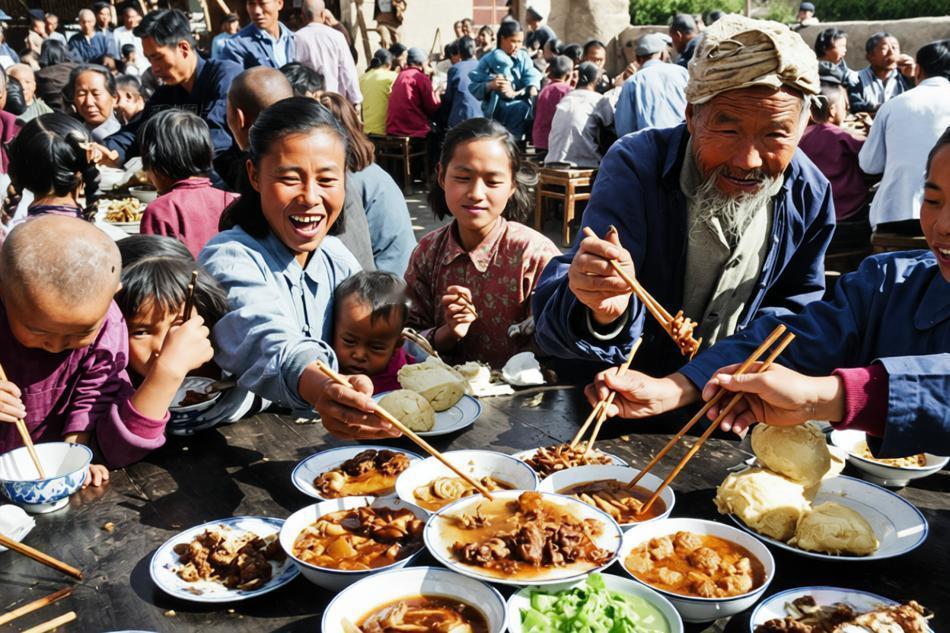 1958年，北京玉渊潭人民公社，社员们欢庆国庆节集体聚餐。
照片中，一群社员围坐