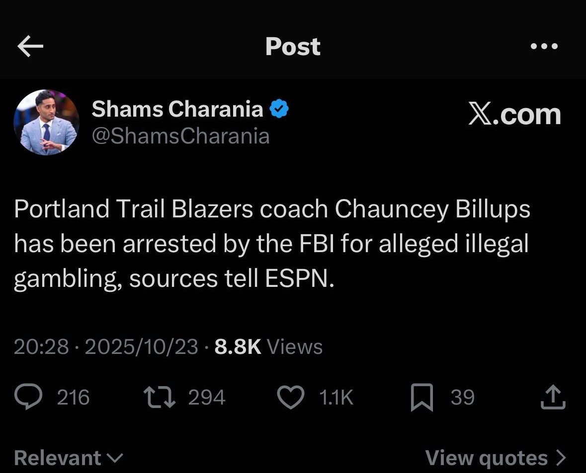 ？？？Shams：开拓者主教练比卢普斯因涉嫌非法db被FBI逮捕 ​​​