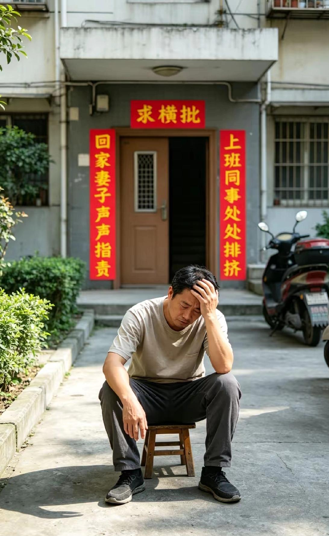 广东一位大叔每天下班回家都被老婆指责，大叔座在院子想了半天，写出一副对联，可惜横