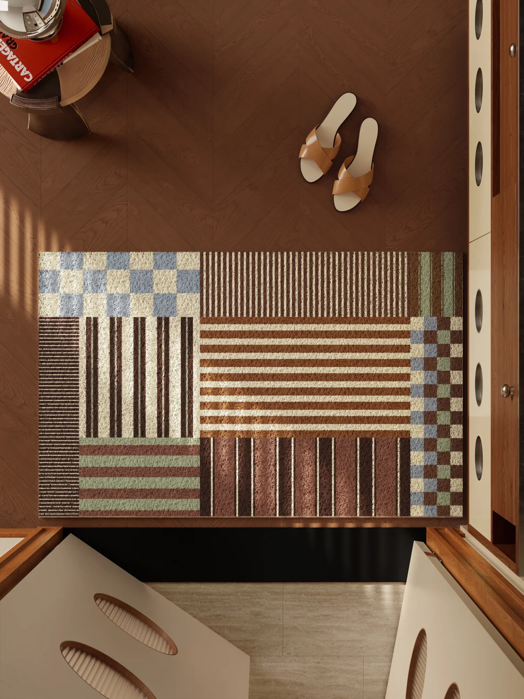 秋日玄关布置｜几何拼接与焦糖色系碰撞！