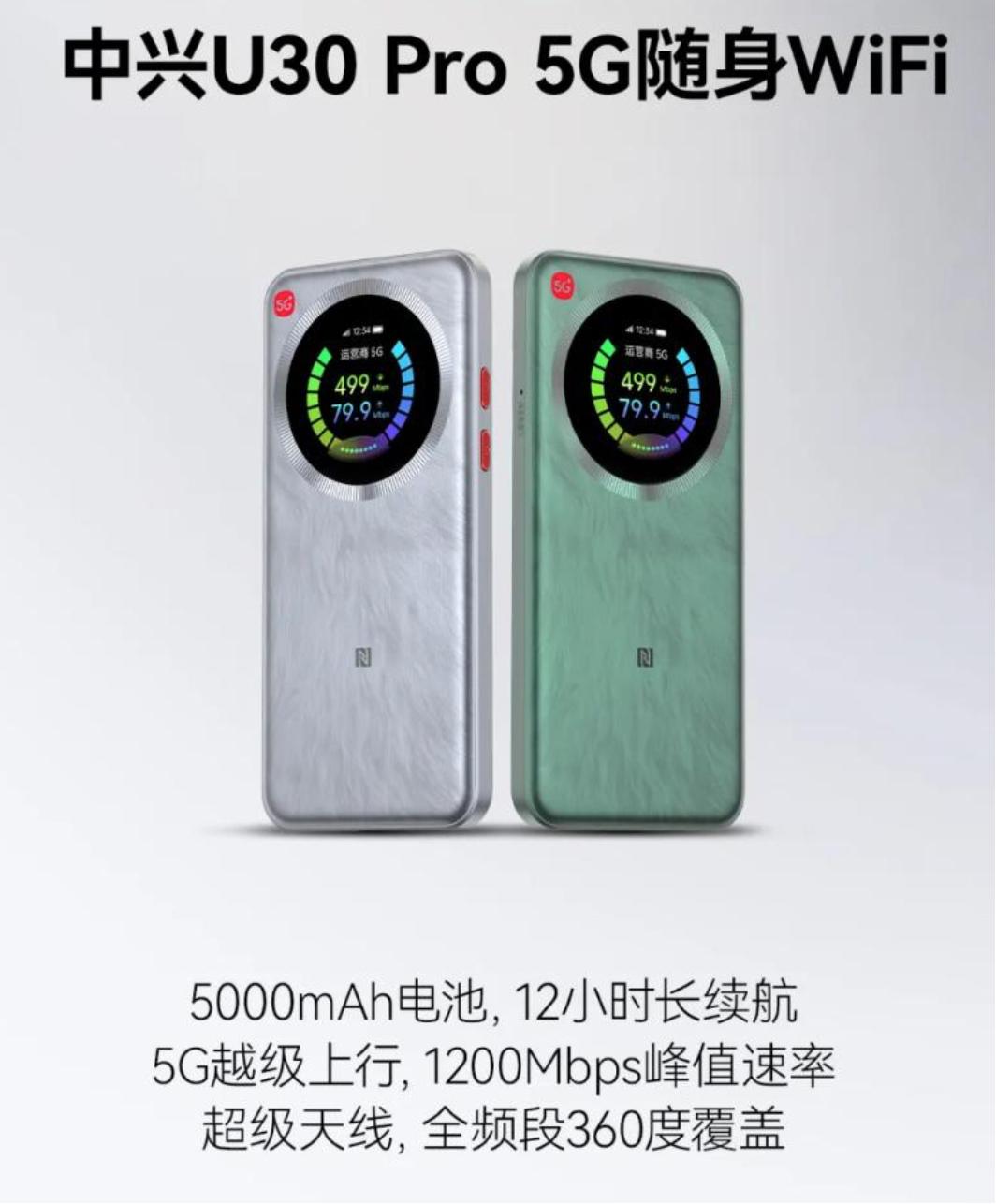 中兴U30 Pro 5G随身WiFi发布
5000毫安时电池，最长续航12小时