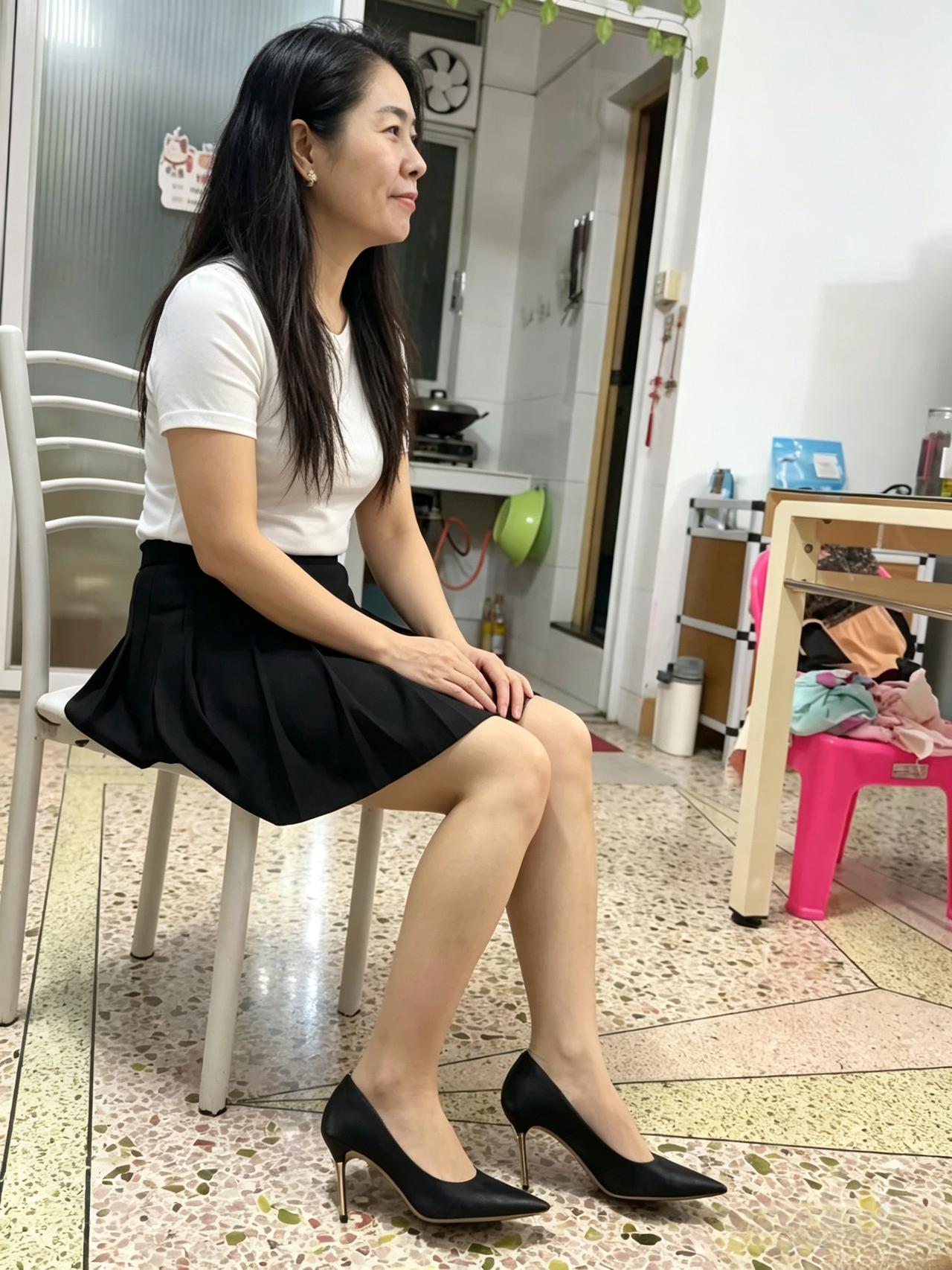 素衫白净衬清欢，黑褶短裙衬静颜。
寻常屋舍风光好，恬淡温柔自不凡。