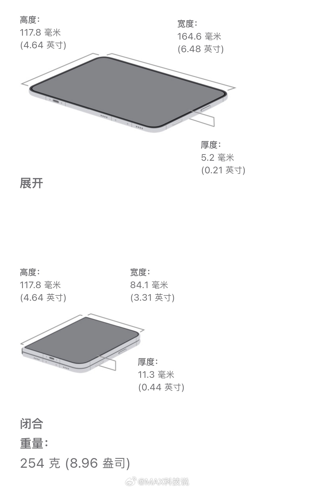 iPhone Duo：254克展开薄5.2mm，闭合宽84.1mm、薄11.3m