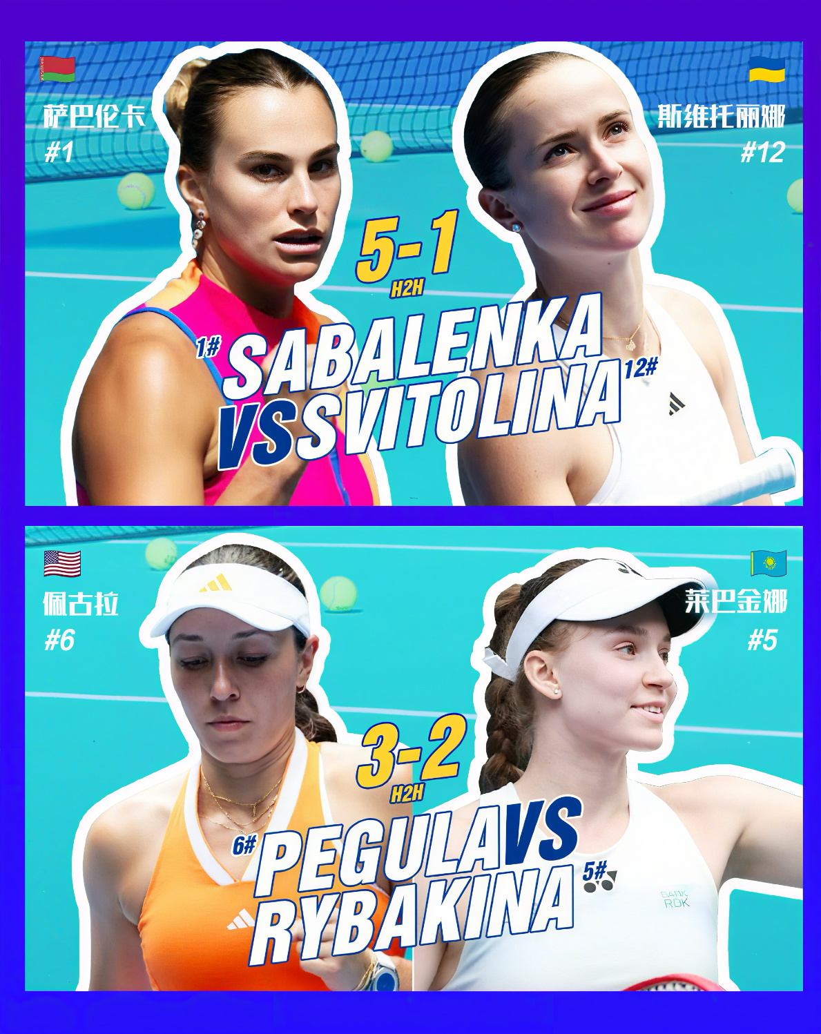 2026澳网 | 女单四强产生:📆1.29女单半决赛对阵：⏰待定 萨巴伦卡vs