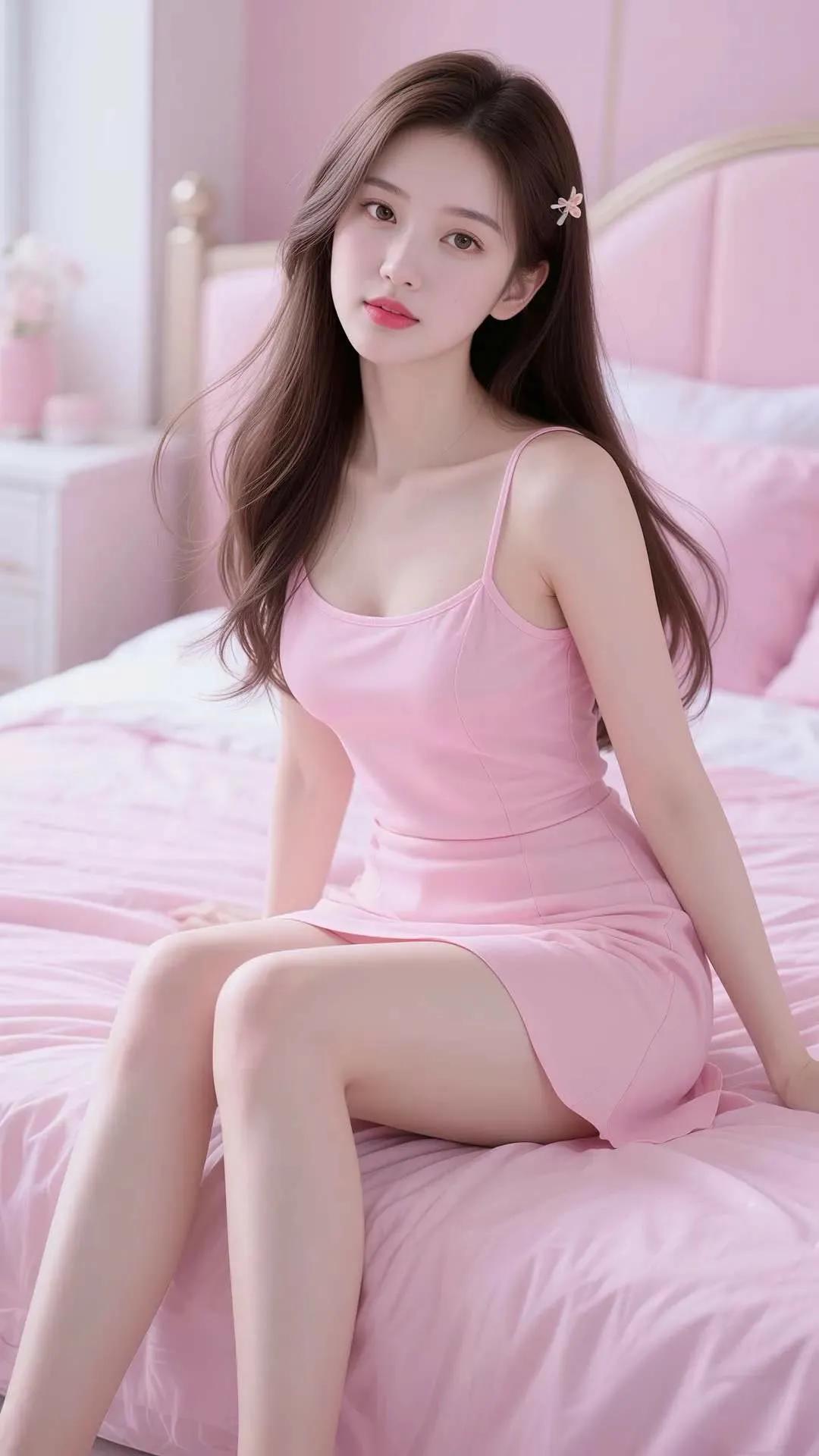 粉衣美人倚枕眠，梦回花间见春妍。