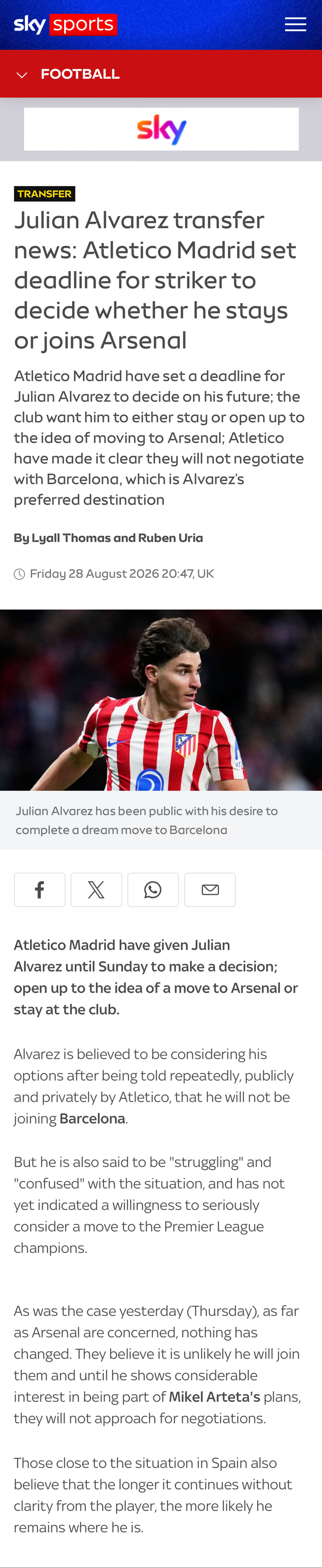 Sky sports：马德里竞技给阿尔瓦雷斯设定周日为最后期限，决定留队还是加盟