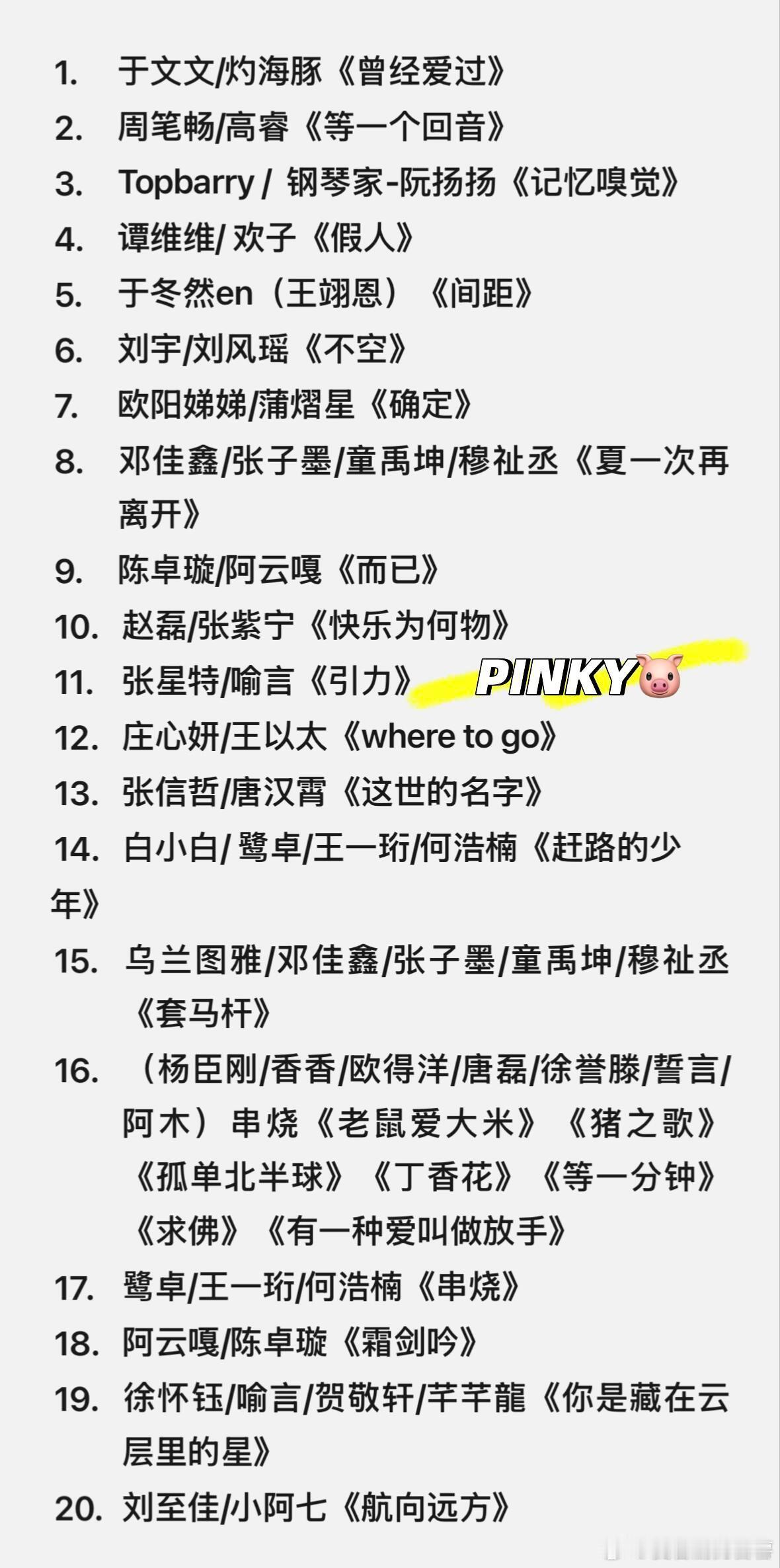 有歌第二季·金曲盛典歌单1. 于文文/灼海豚《曾经爱过》2. 周笔畅/高睿《等一