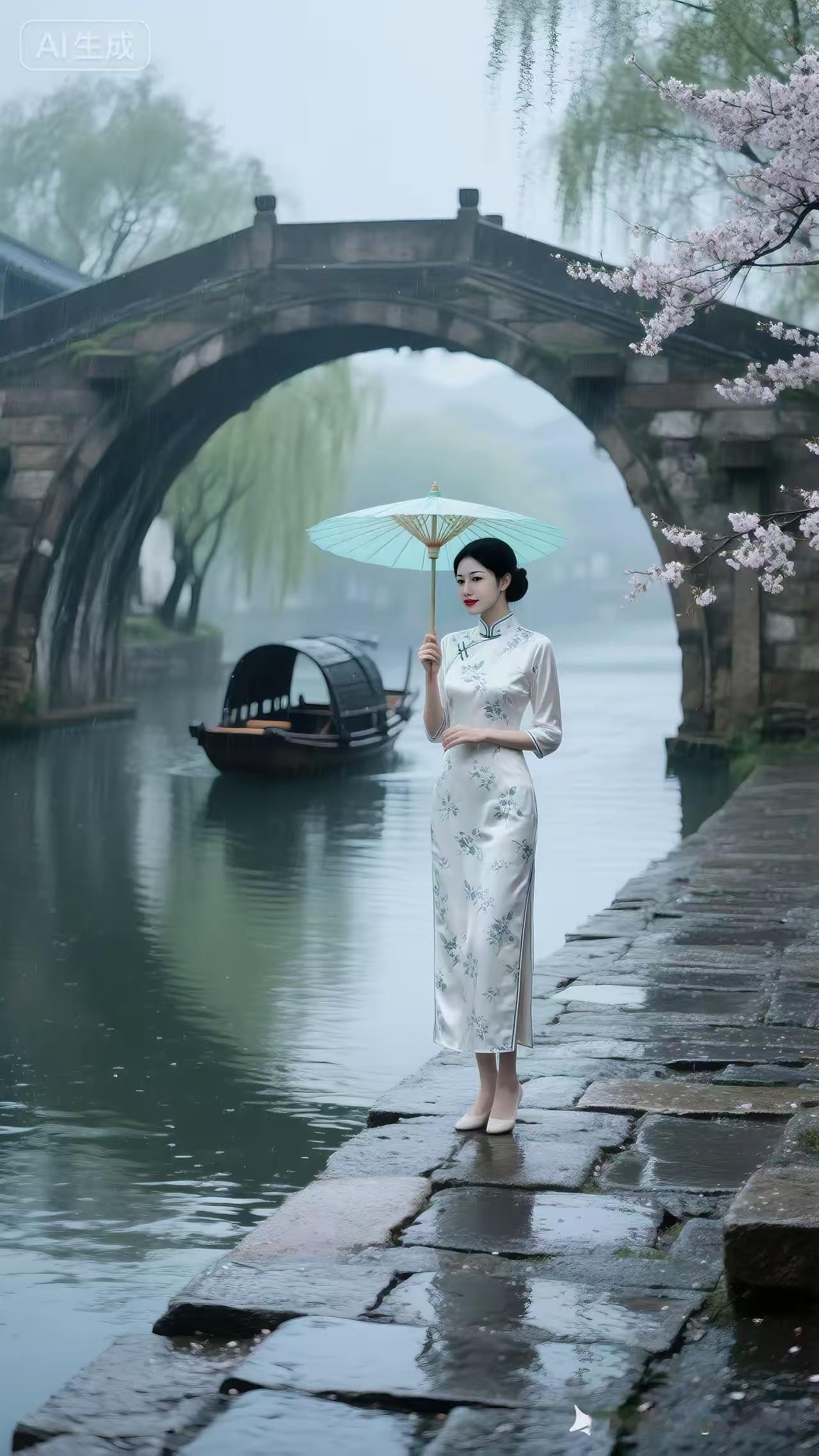 塞鸿秋·雨巷佳人
烟笼溪桥雨如纱，
柳垂芳岸描清嘉。
浅碧伞遮娇靥下，
素衣轻踏